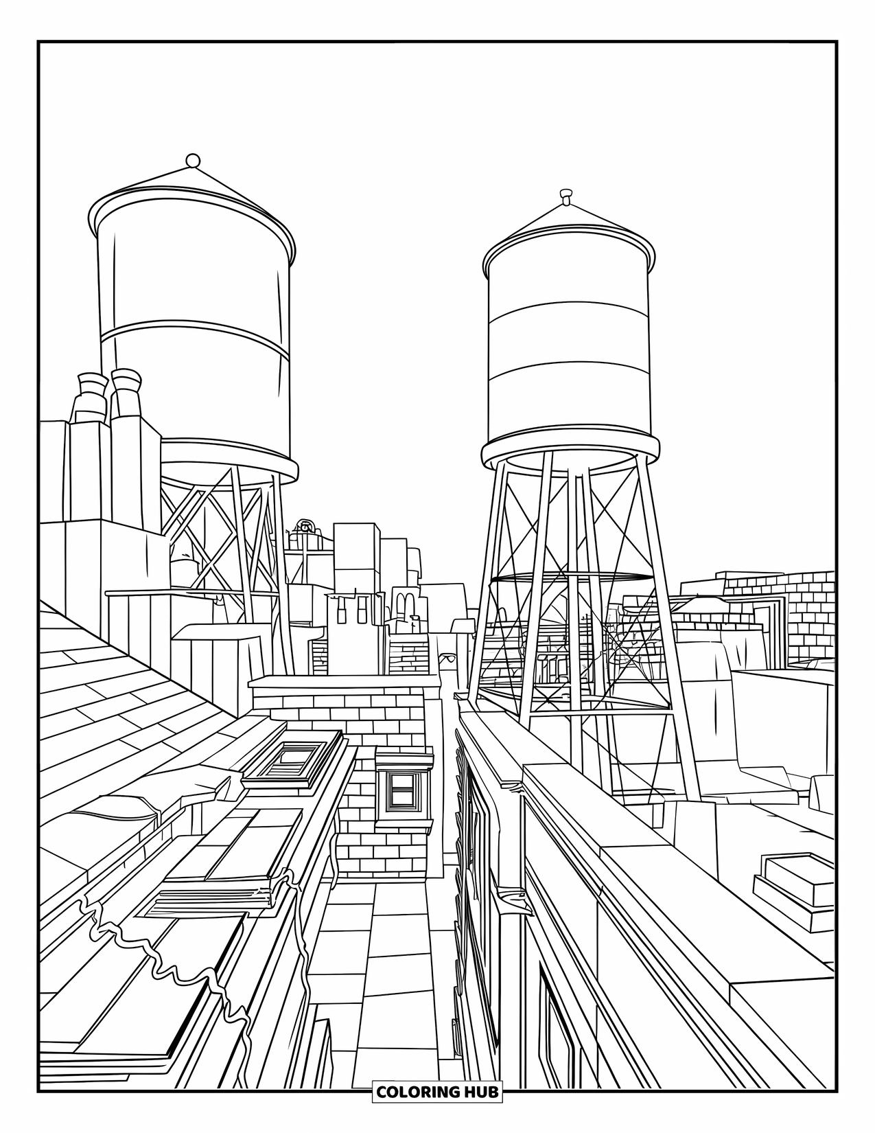 New York Coloring Page for Kids: A cozy rooftop view with water towers and buildings below