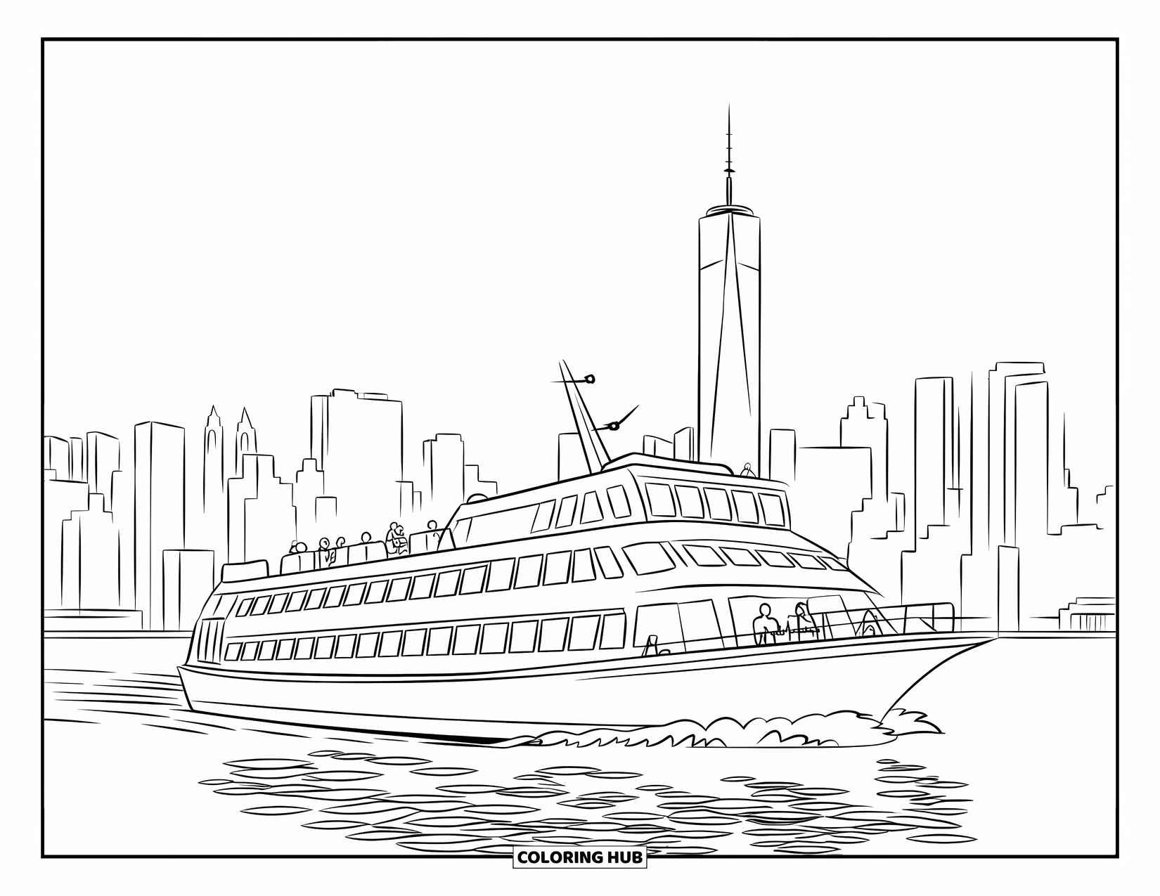 New York Coloring Page for Kids: A ferry crosses the Hudson with tall Manhattan buildings in the background