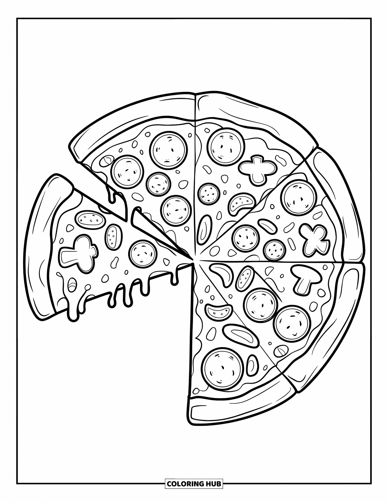 New York Coloring Page for Kids: A gooey slice of pizza is missing from a thin-crust New York pie