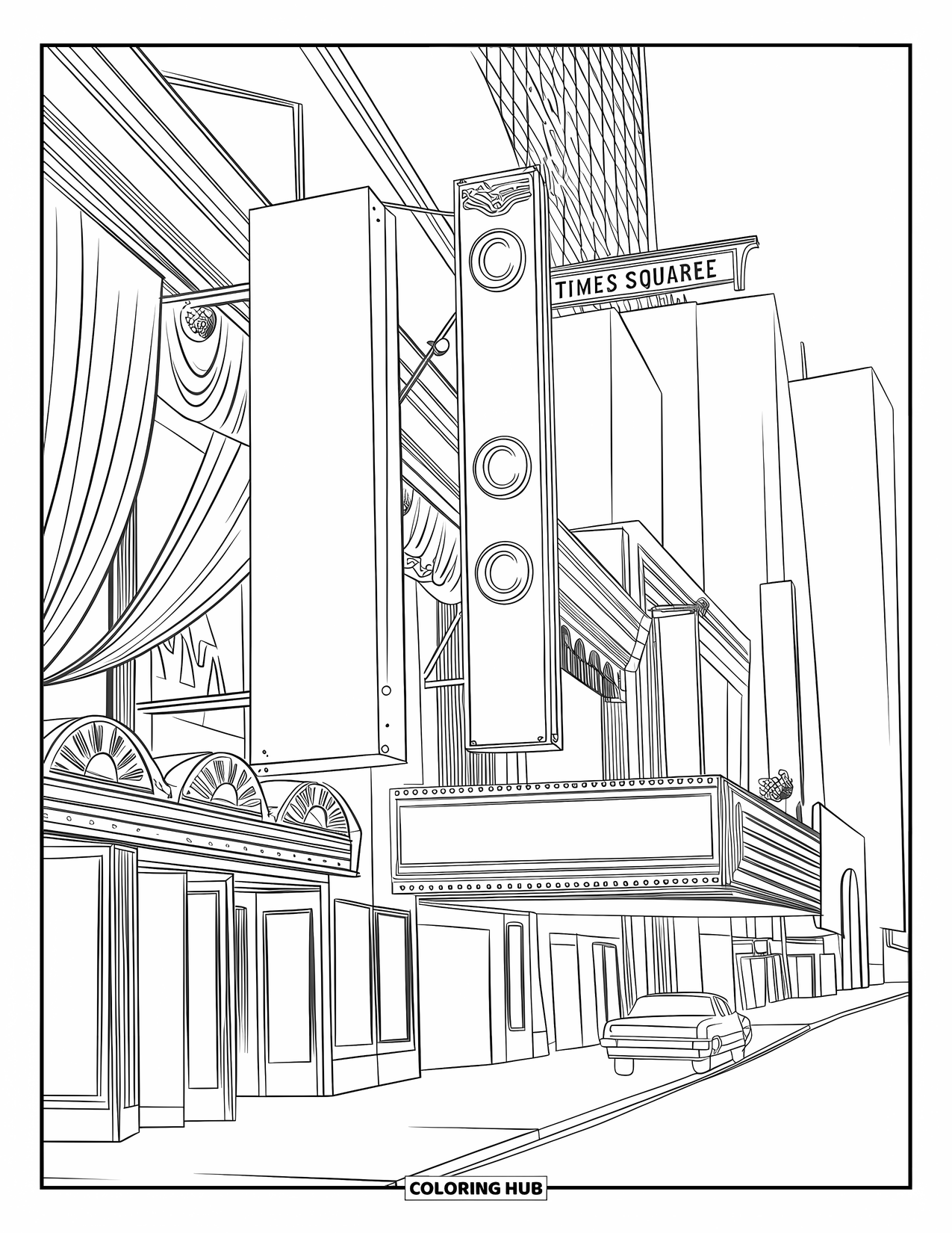 New York Coloring Page for Kids: A lively Broadway street with theater signs, a taxi, and tall buildings