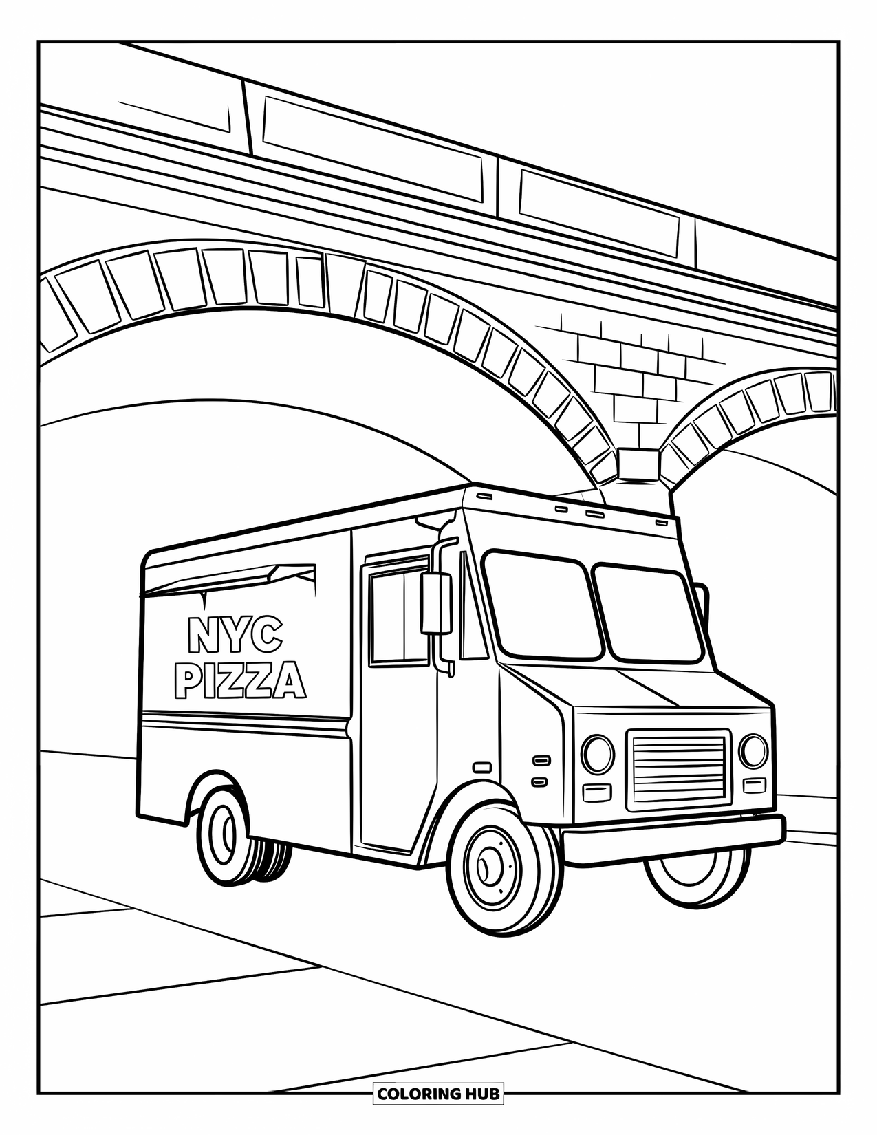 New York Coloring Page for Kids: A pizza truck parked on pavement near a bridge with arched stone supports