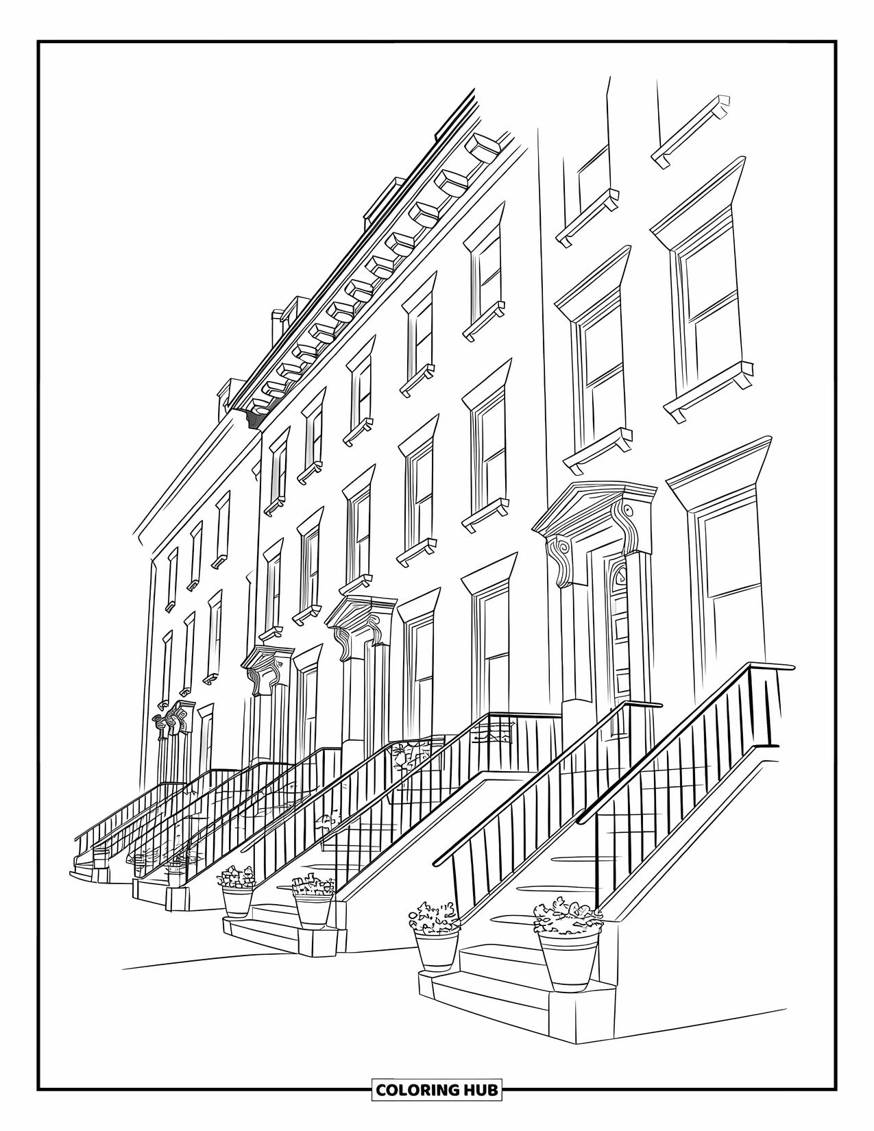 New York Coloring Page for Kids: A row of brownstones with flower pots sits along a quiet city street
