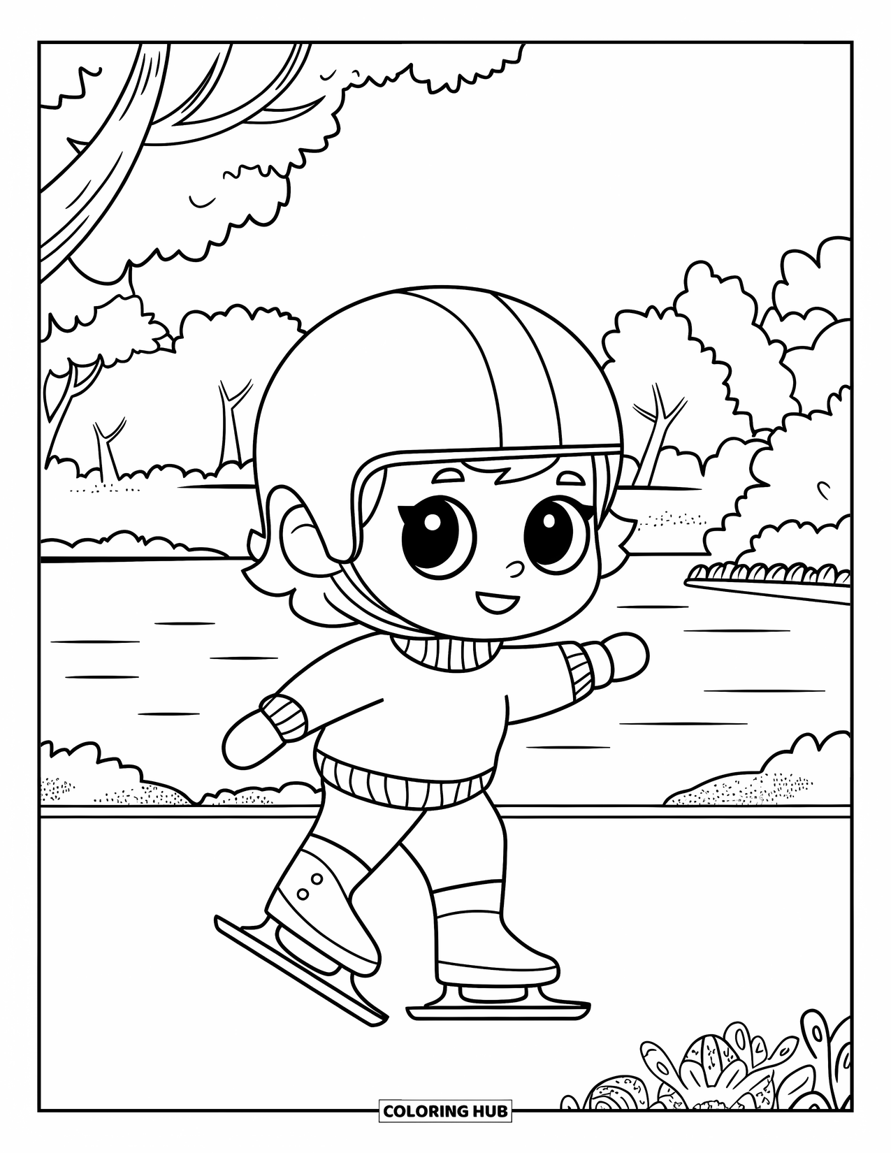 New York Coloring Page for Kids: A skating child rolls past a lake and path in peaceful Central Park
