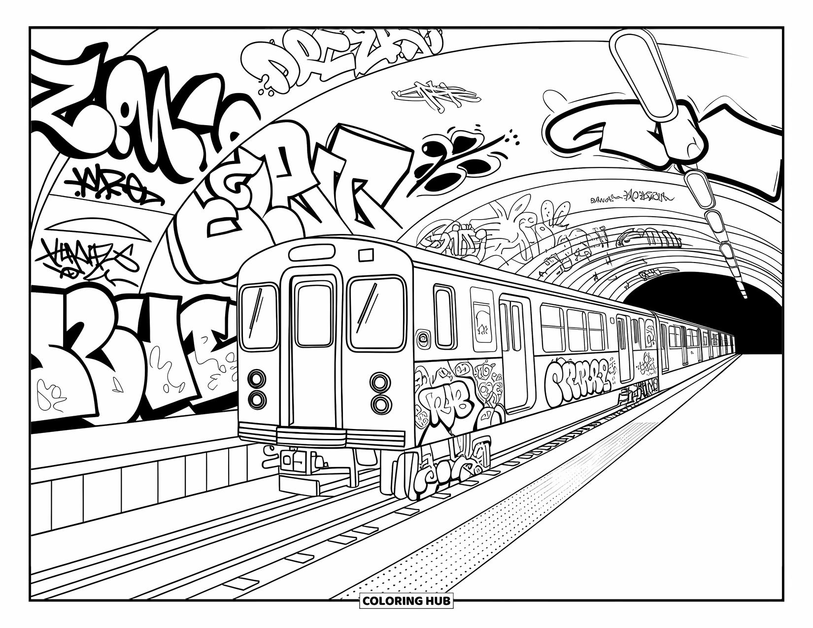 New York Coloring Page for Kids: A subway train arrives at a platform covered in colorful graffiti designs