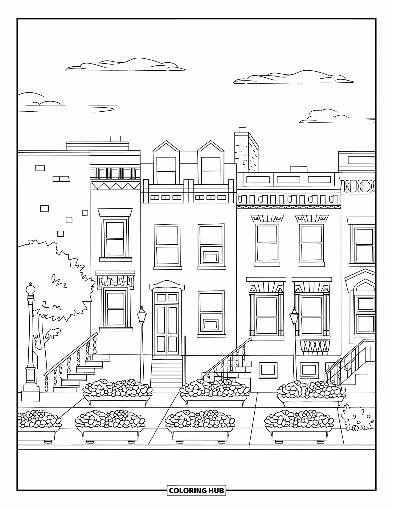 New York Coloring Page for Kids: Brownstones with detailed windows, flower pots, and old-fashioned charm