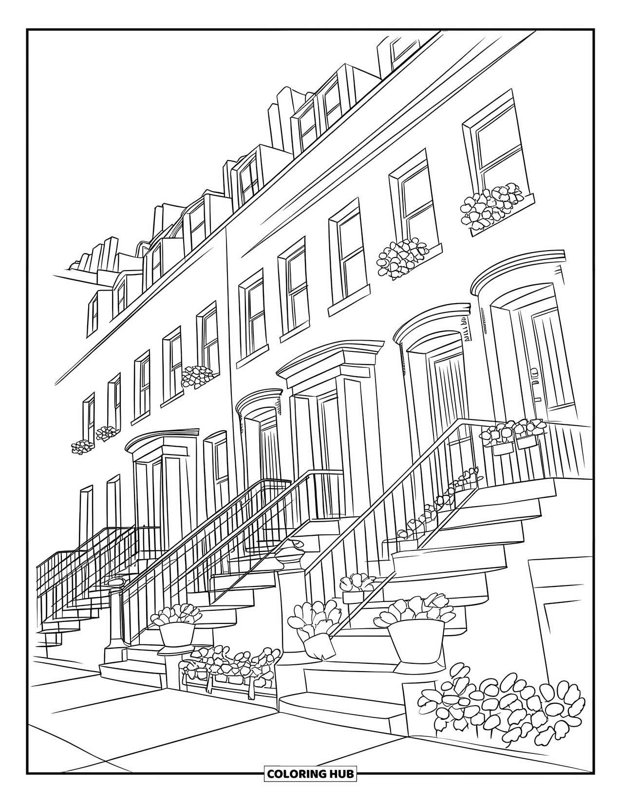 New York Coloring Page for Kids: Charming brownstone buildings with potted plants line the neighborhood