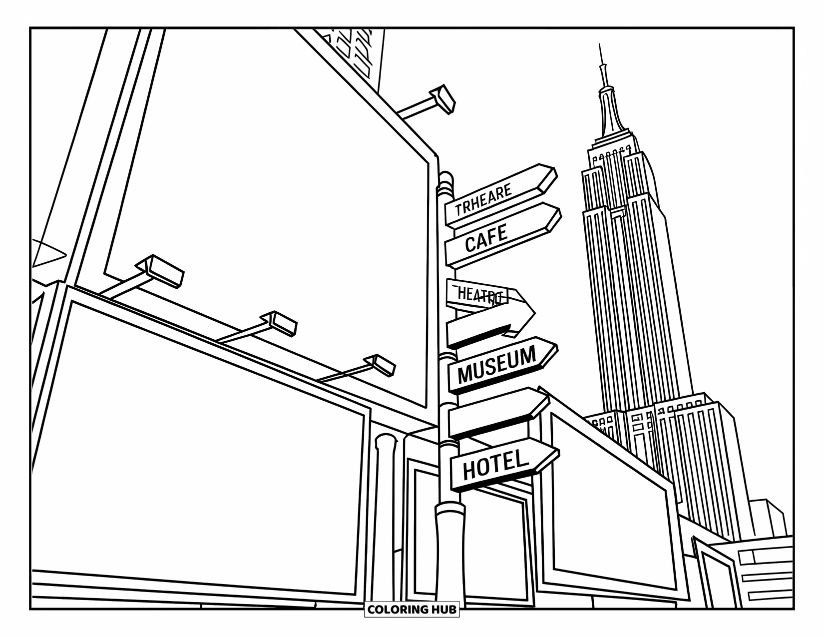New York Coloring Page for Kids: Colorful signs and a big billboard bring Times Square to life