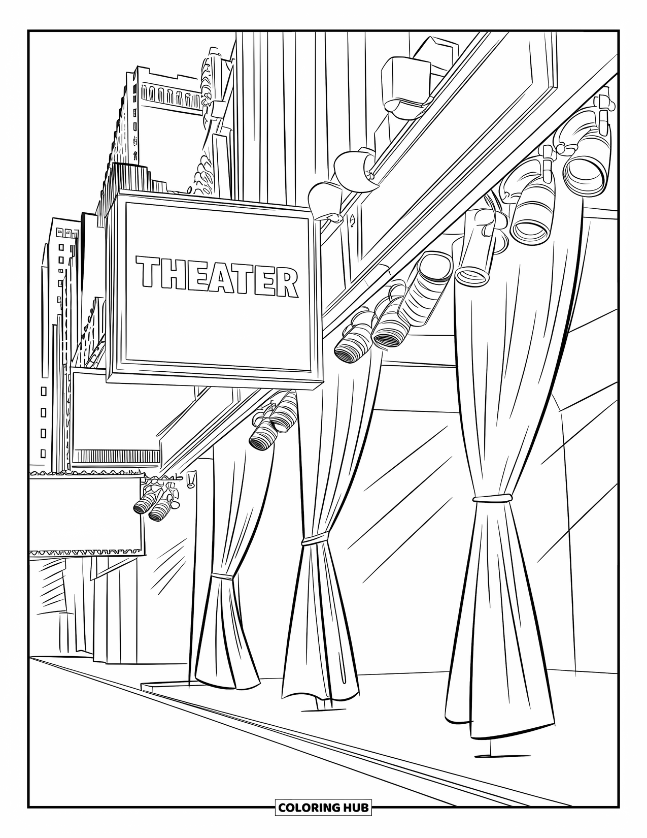 New York Coloring Page for Kids: Curtains open on a Broadway stage with big signs and city buildings behind