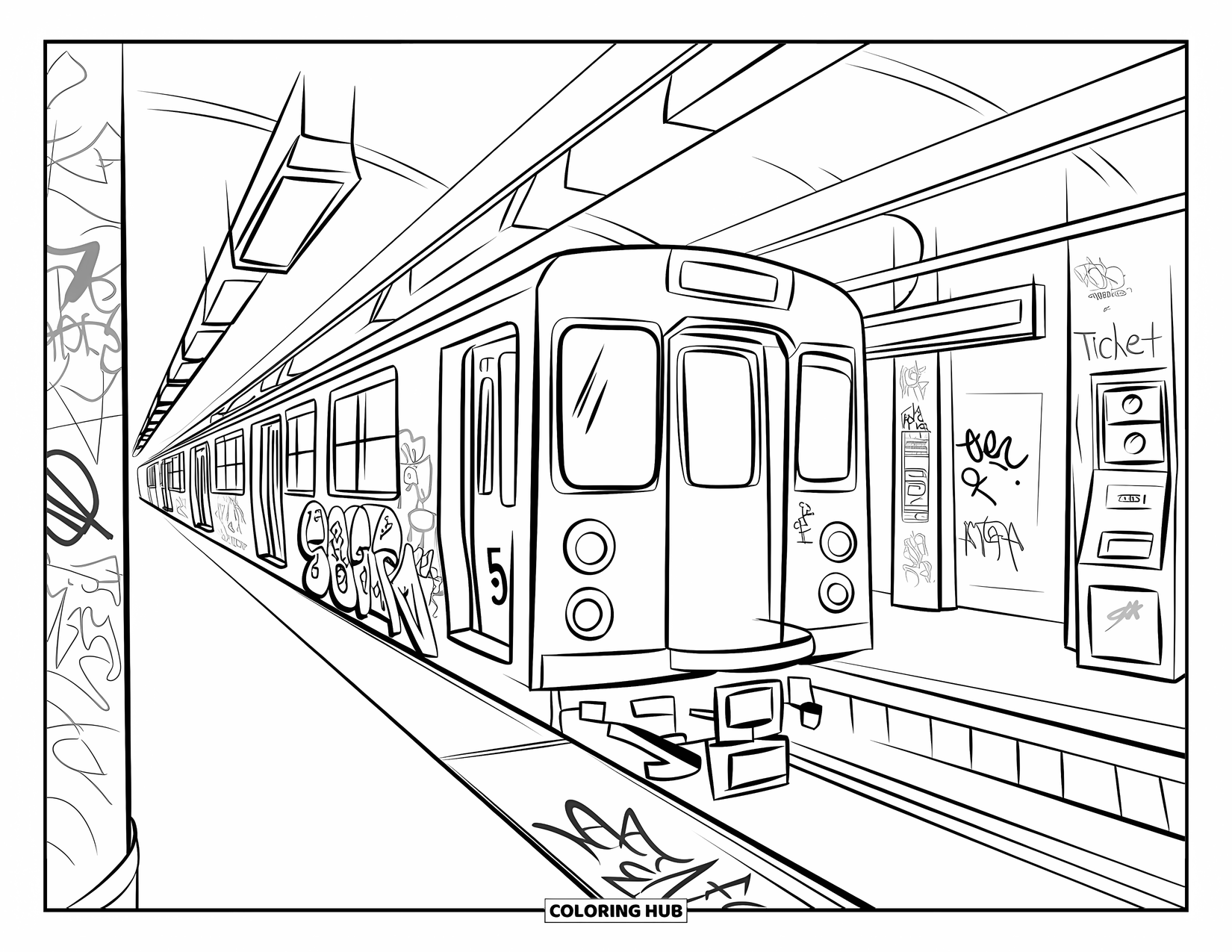 New York Coloring Page for Kids: Graffiti-covered subway platform with a train arriving and city details all around