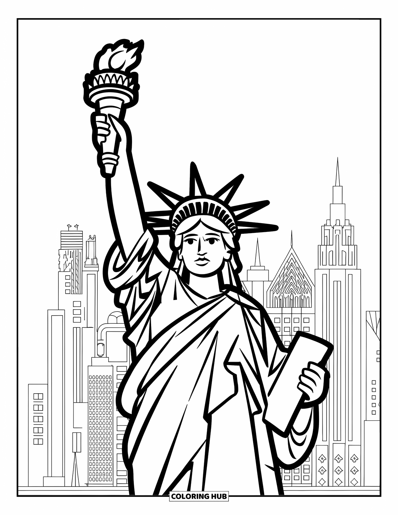 New York Coloring Page for Kids: Lady Liberty stands tall beside city skyscrapers in a bold, fun view