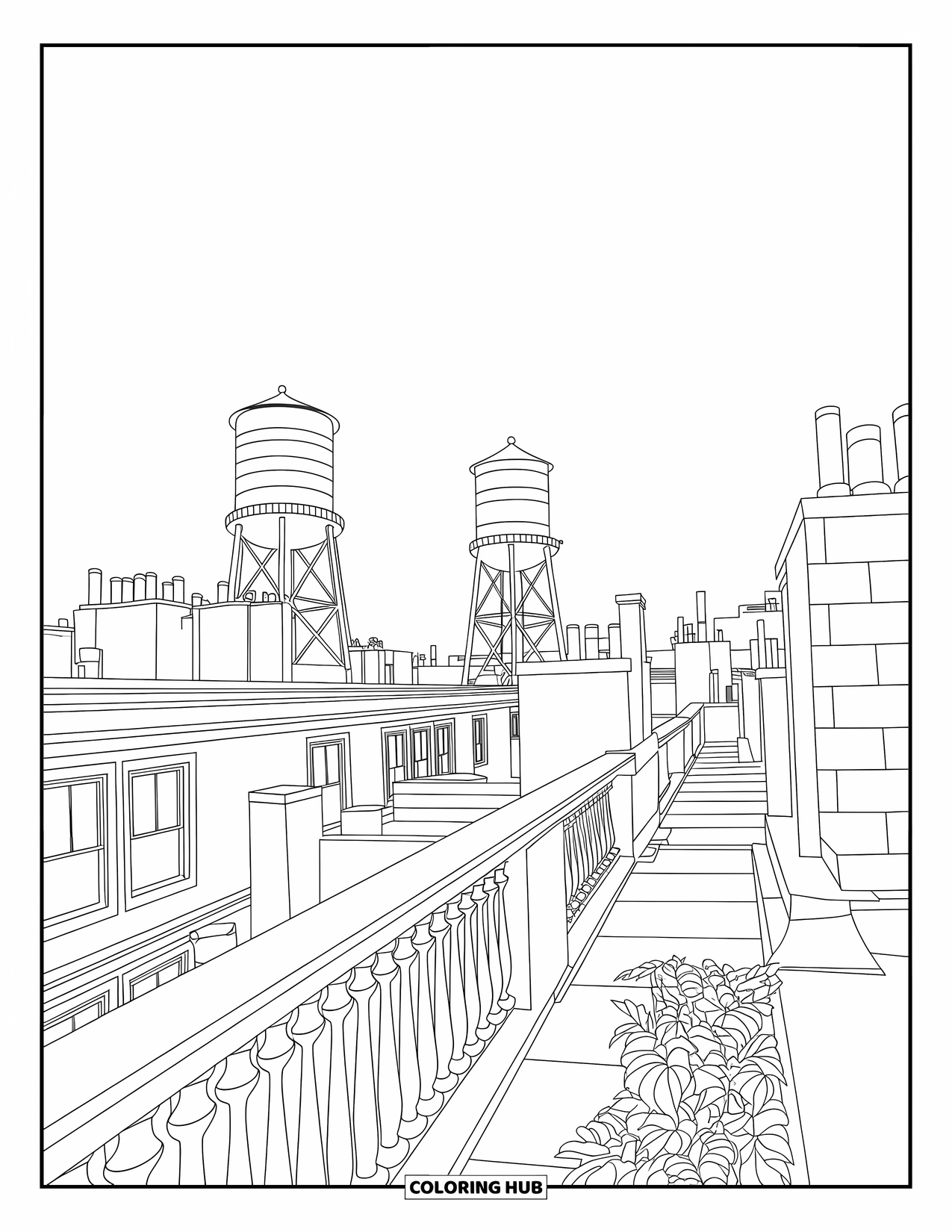 New York Coloring Page for Kids: Looking down from a rooftop with chimneys, plants, and city buildings all around