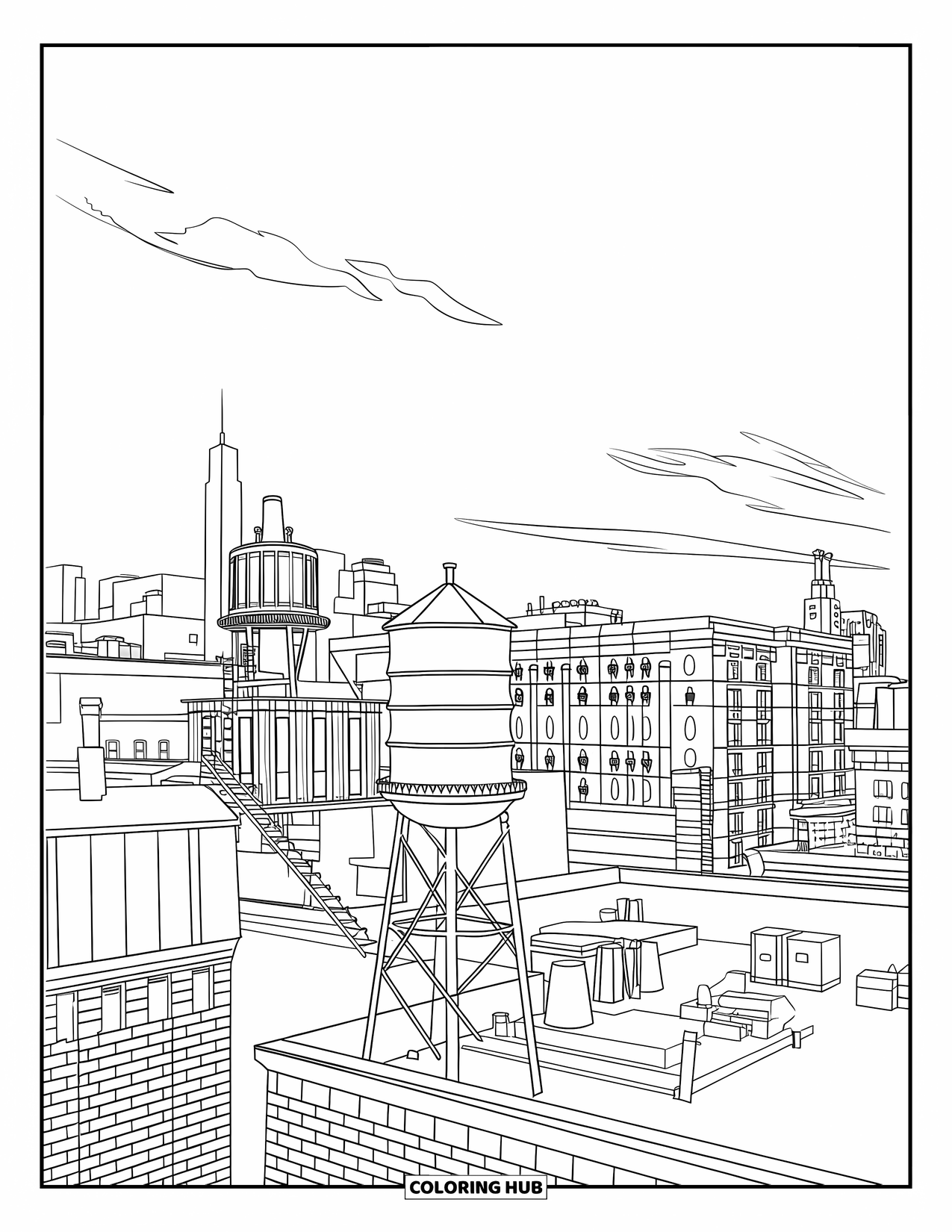 New York Coloring Page for Kids: Rooftop view with classic city buildings and soft clouds in the sky
