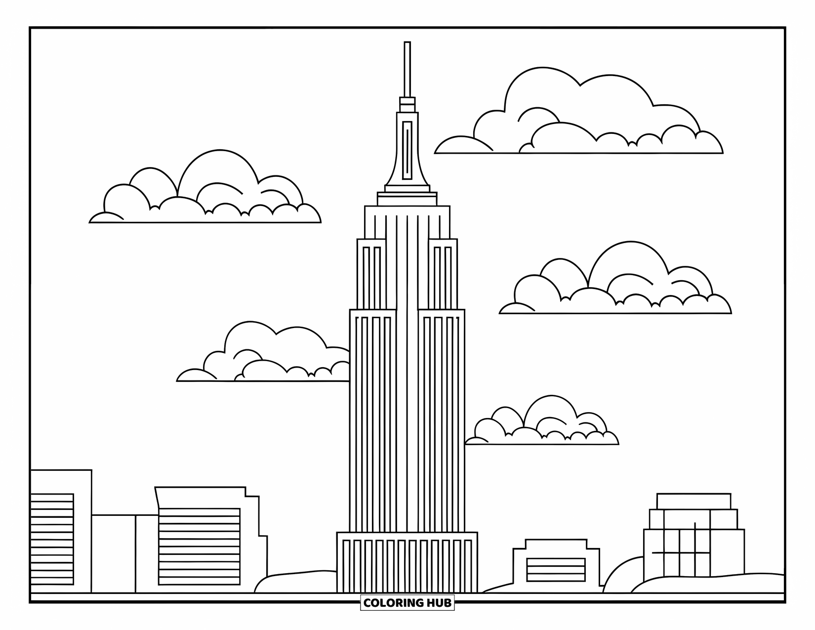 New York Coloring Page for Kids: Tall and proud, the Empire State Building is framed by soft, fluffy clouds
