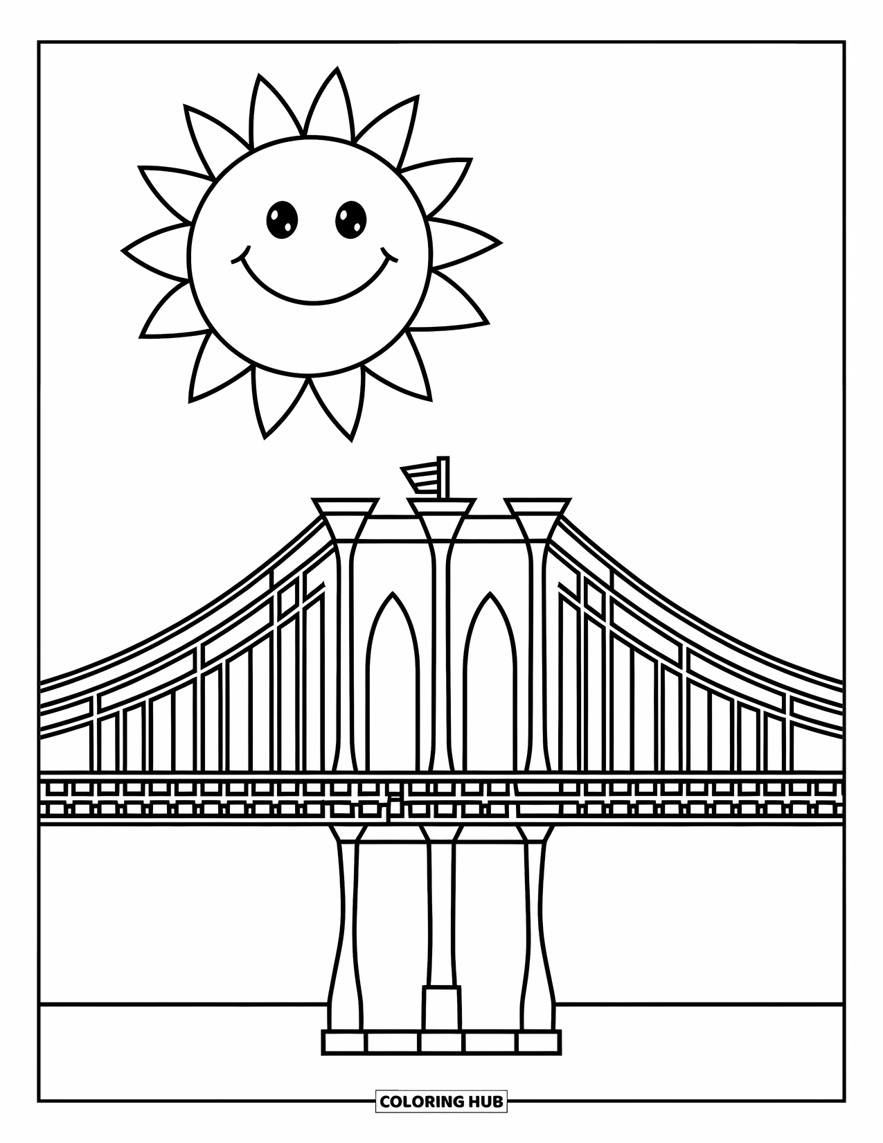 New York Coloring Page for Kids: The Brooklyn Bridge stretches wide with a smiling sun above