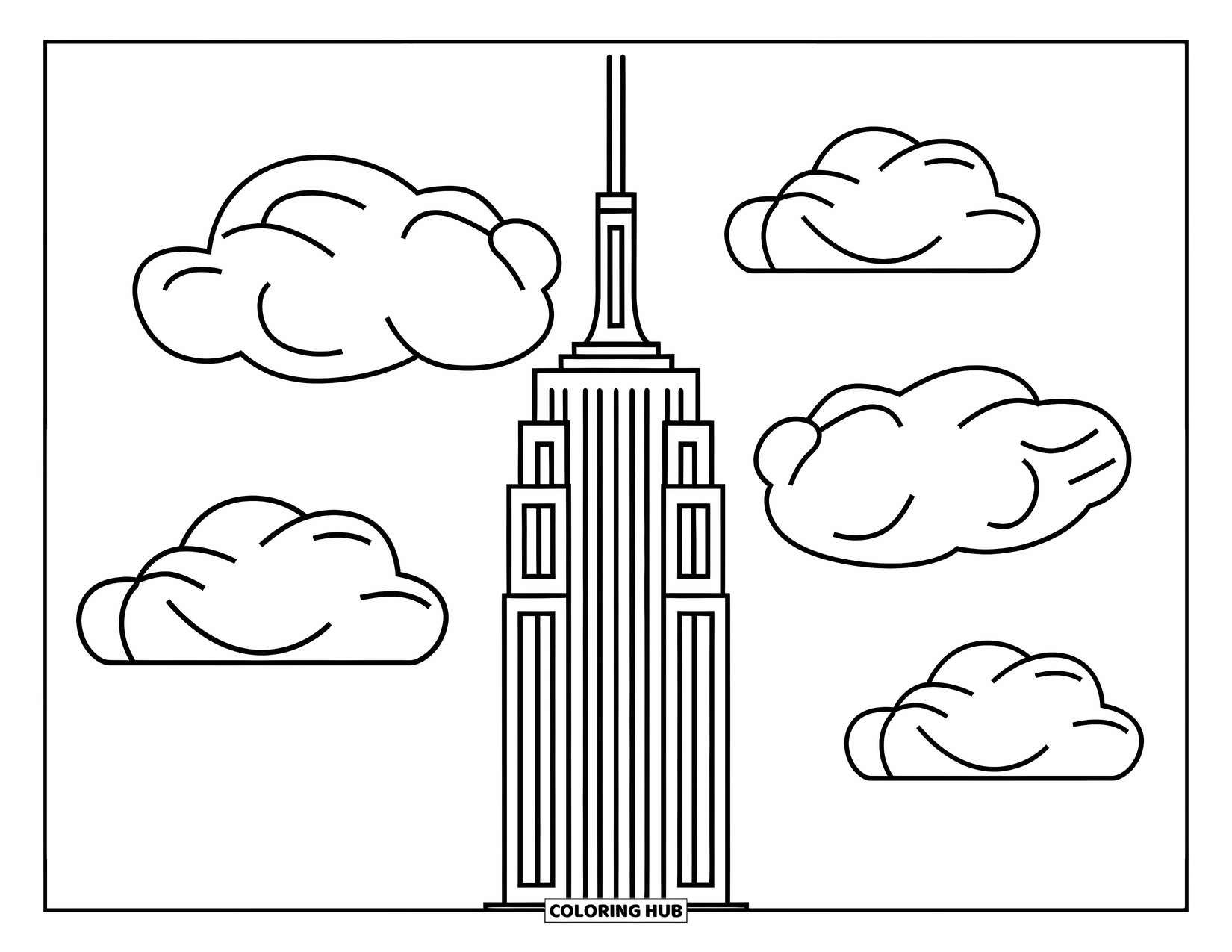 New York Coloring Page for Kids: The Empire State Building stands tall with big puffy clouds all around