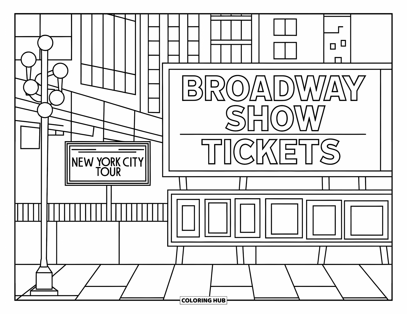 New York Coloring Page for Kids: Times Square signs and streetlights create a fun, easy scene to explore