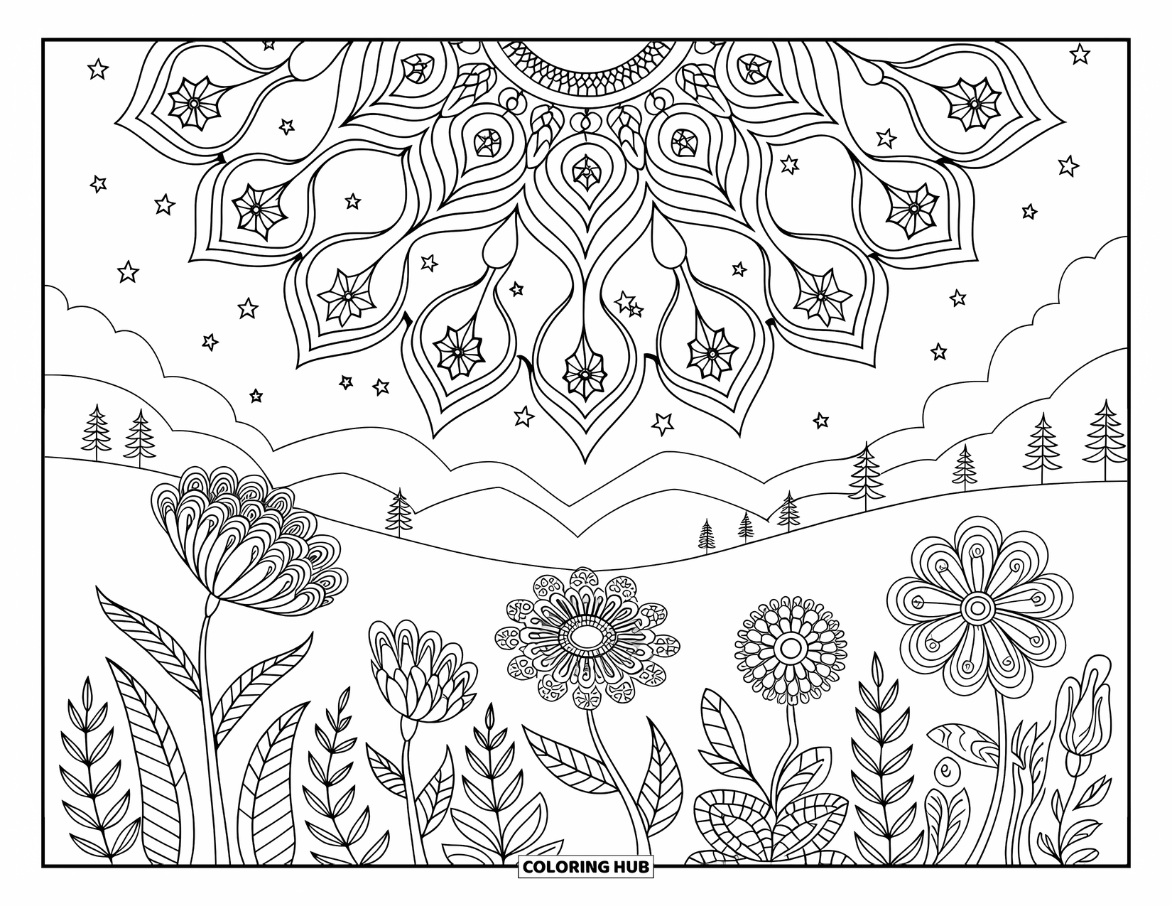 Night Sky Coloring Page for Adults: A blooming garden rests under swirling stars shaped like mandalas
