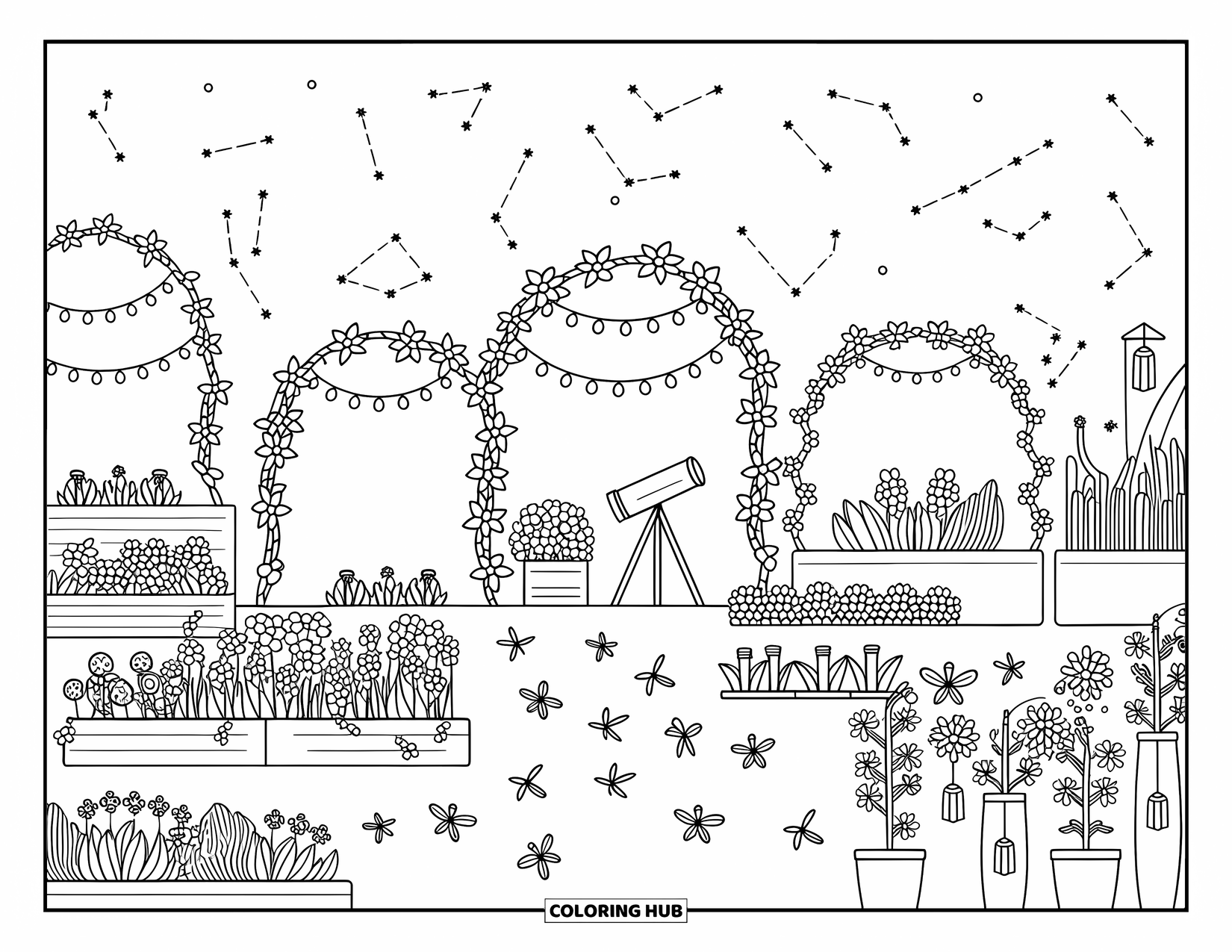 Night Sky Coloring Page for Adults: A cozy garden with fairy lights, fireflies, and a tiny telescope under starry skies