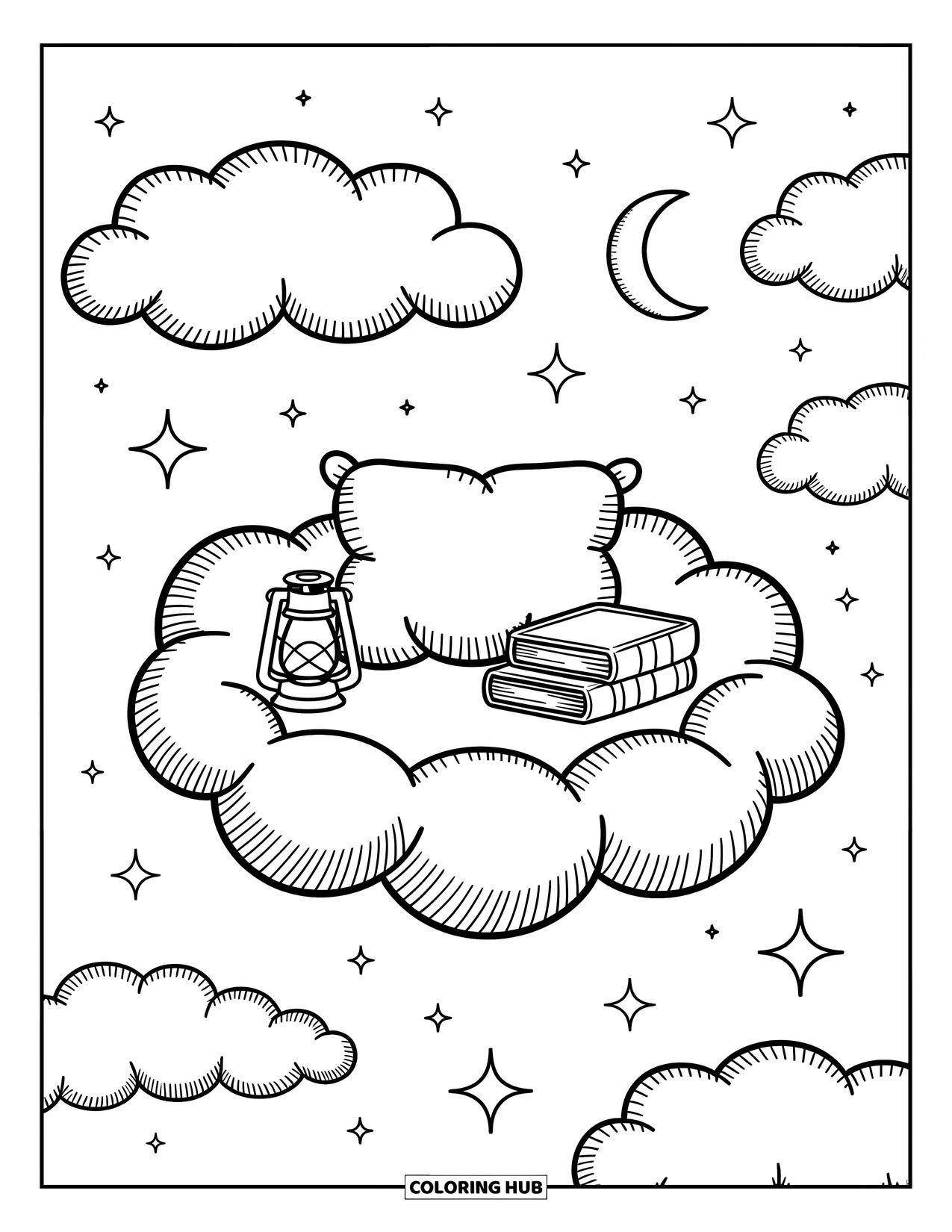 Night Sky Coloring Page for Adults: A dreamy cloud lounge with sparkles, stars, and cozy books awaits high above