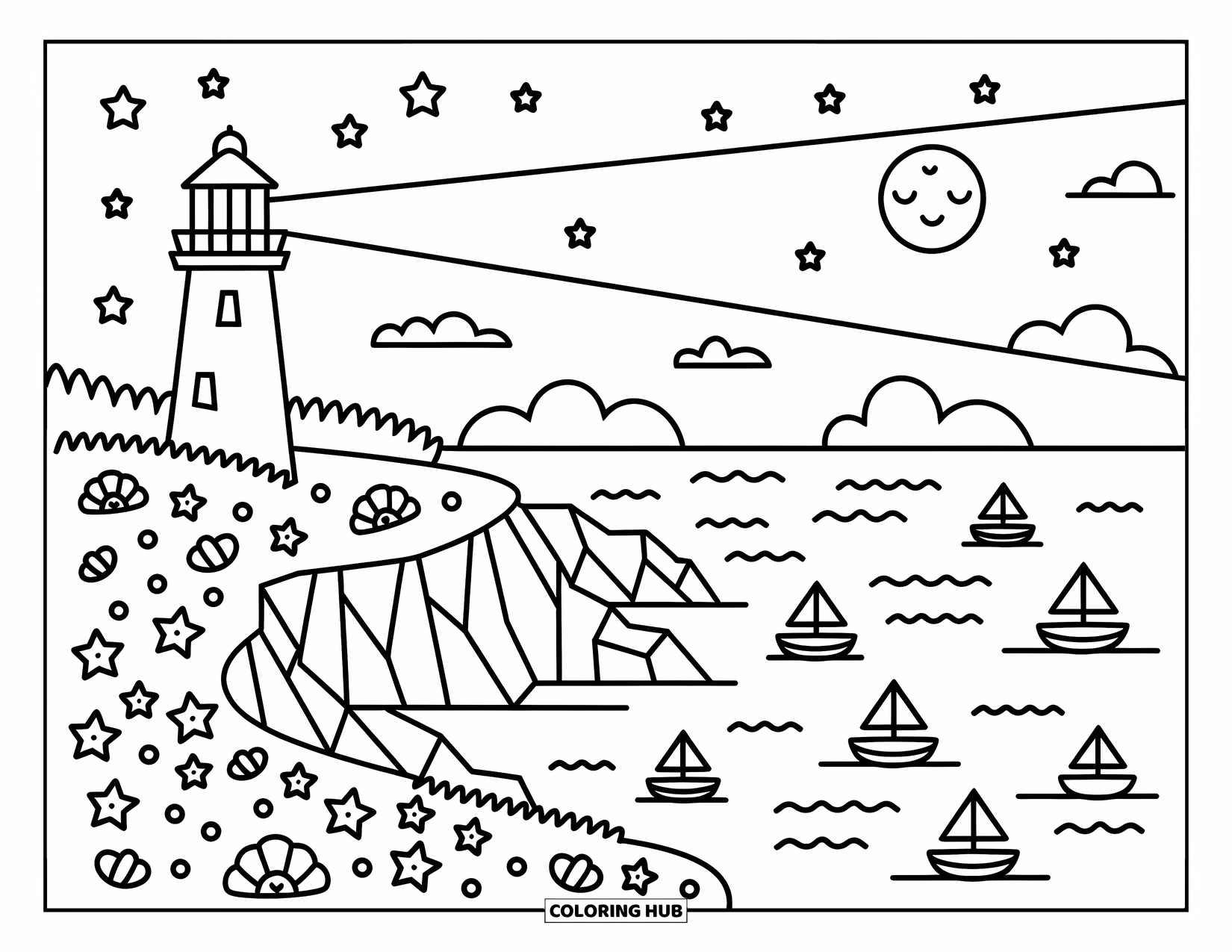 Night Sky Coloring Page for Adults: A lighthouse glows peacefully over calm seas, with moonlight and starfish along the shore