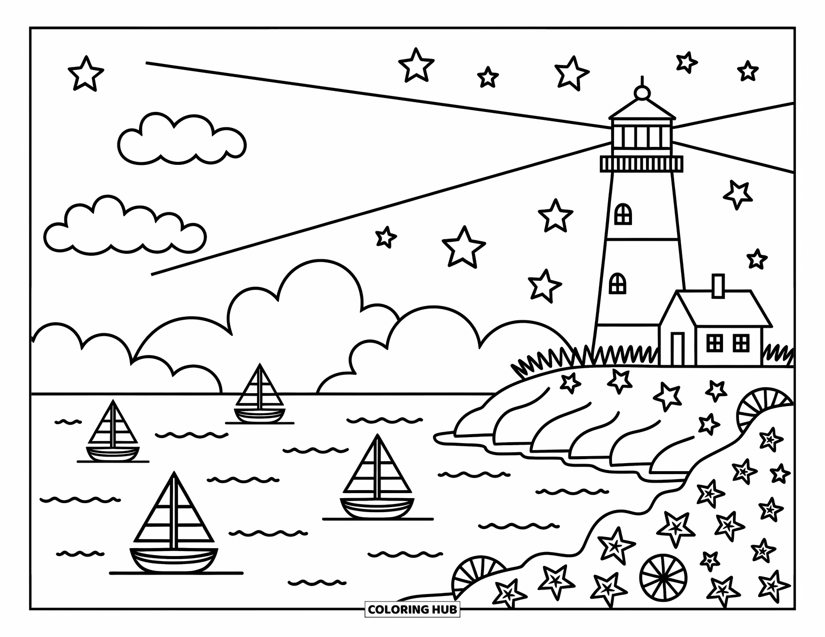 Night Sky Coloring Page for Adults: A lighthouse shines as boats rest and stars twinkle above the rocky shore