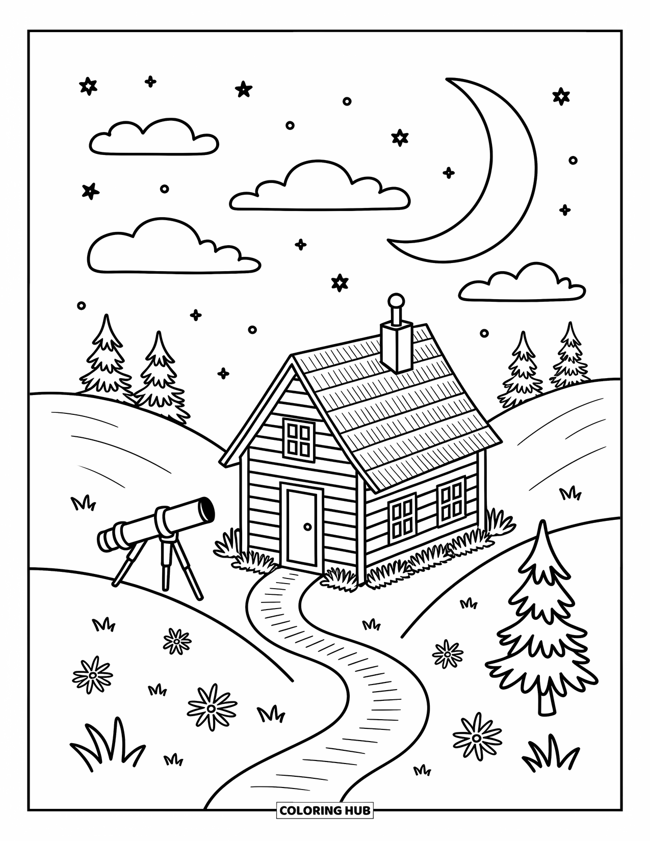 Night Sky Coloring Page for Adults: Hills and stars surround a tiny cabin with flowers and a friendly telescope