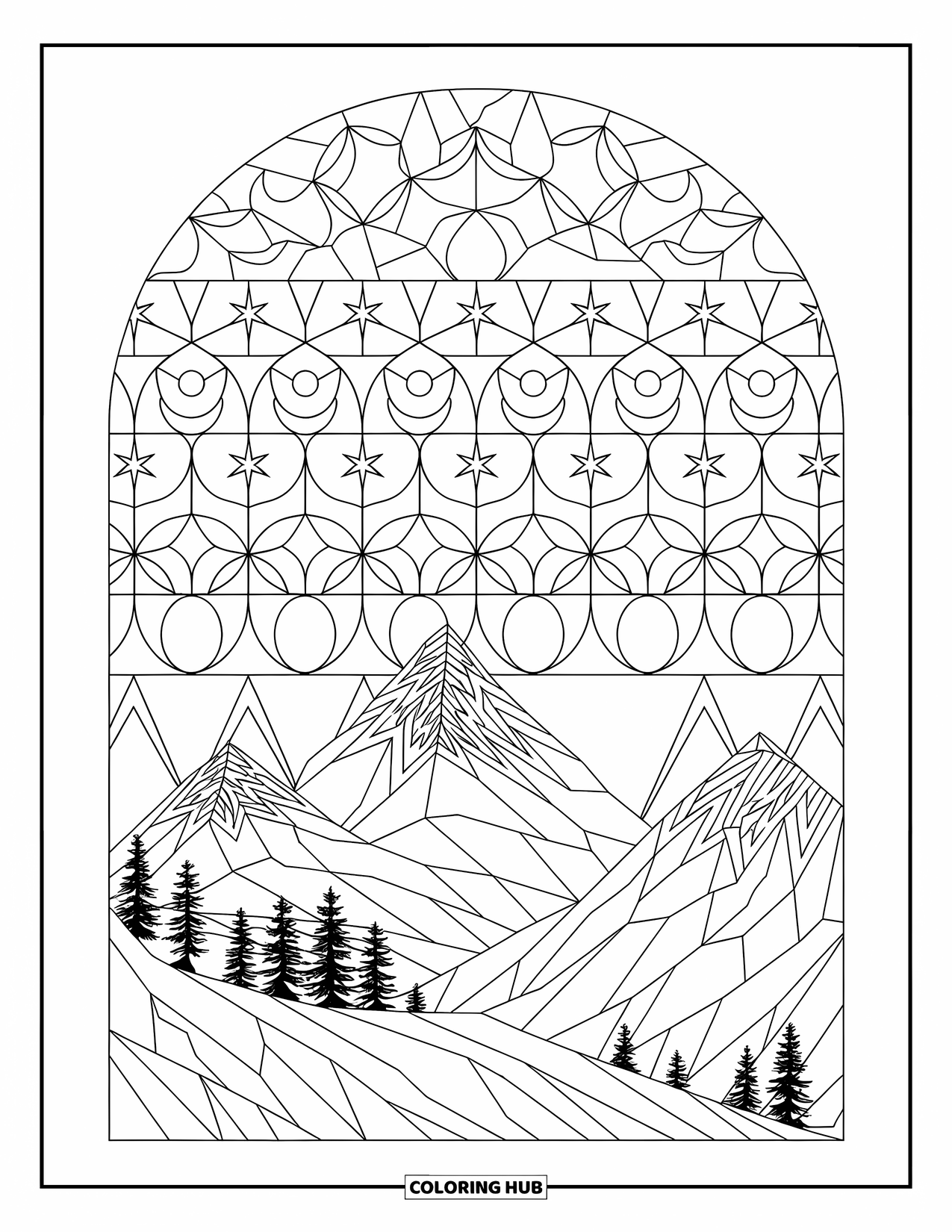 Night Sky Coloring Page for Adults: Mountains rise beneath a sky of crescent moons and star mandalas