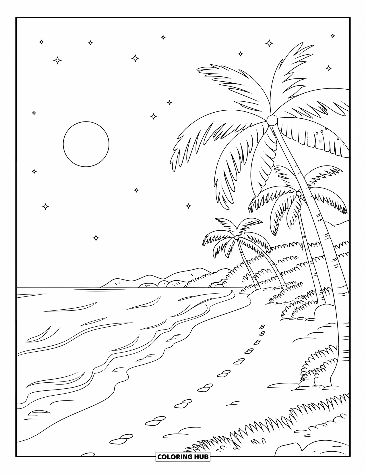 Night Sky Coloring Page for Adults: Palm trees line a quiet beach under a clear, starry sky