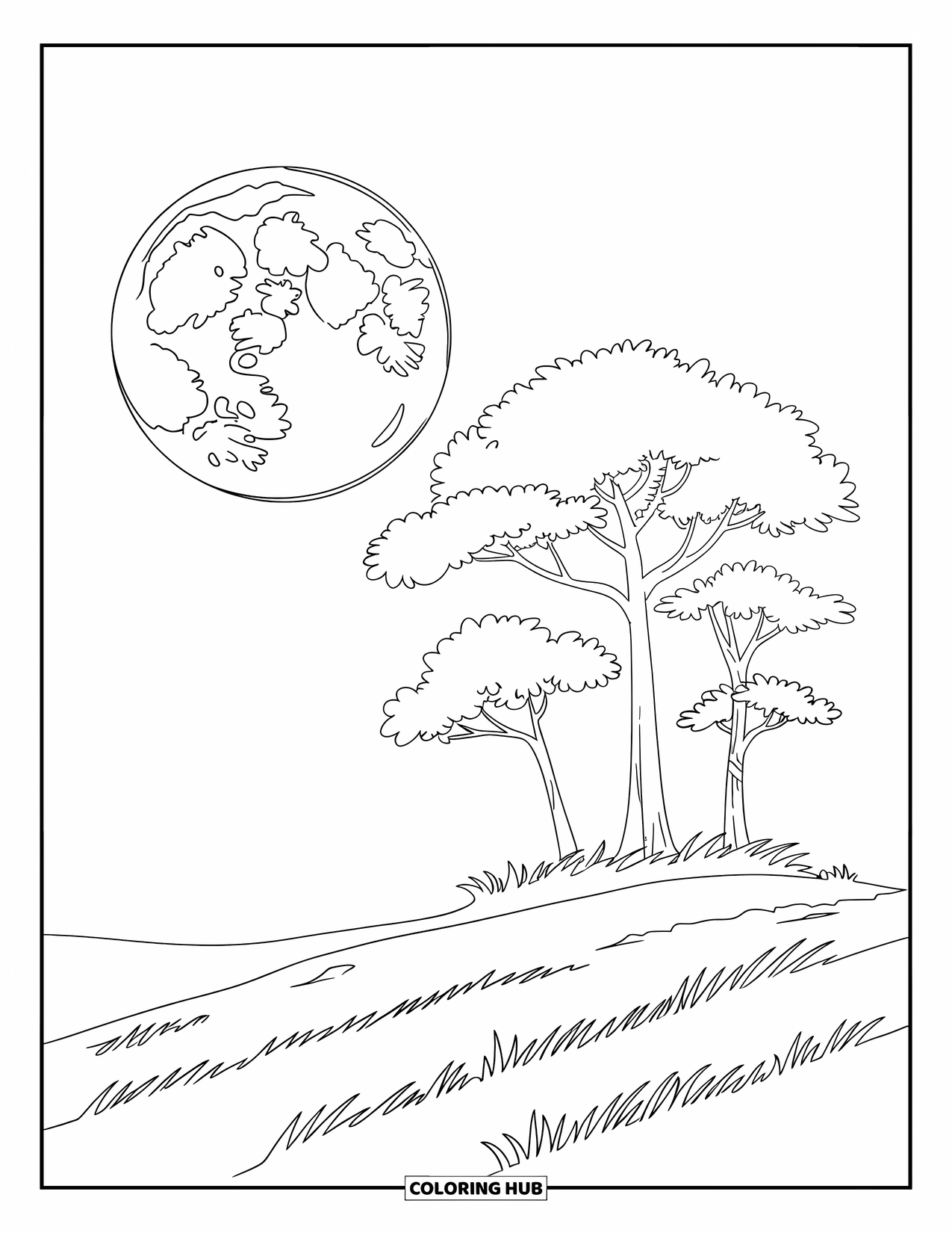 Night Sky Coloring Page for Kids: A big moon floats above gentle hills and a lone leafy tree