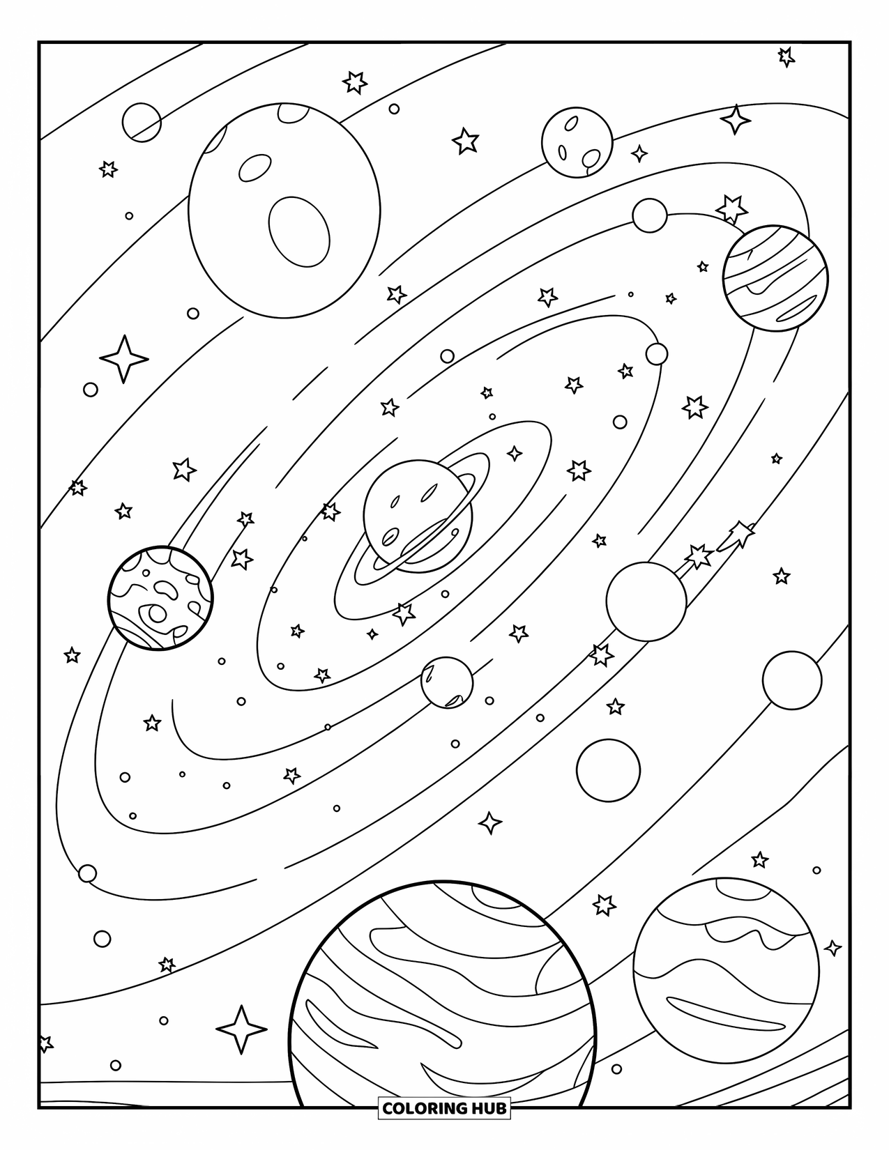 Night Sky Coloring Page for Kids: A big star shines in the middle of a galaxy filled with moons and planets