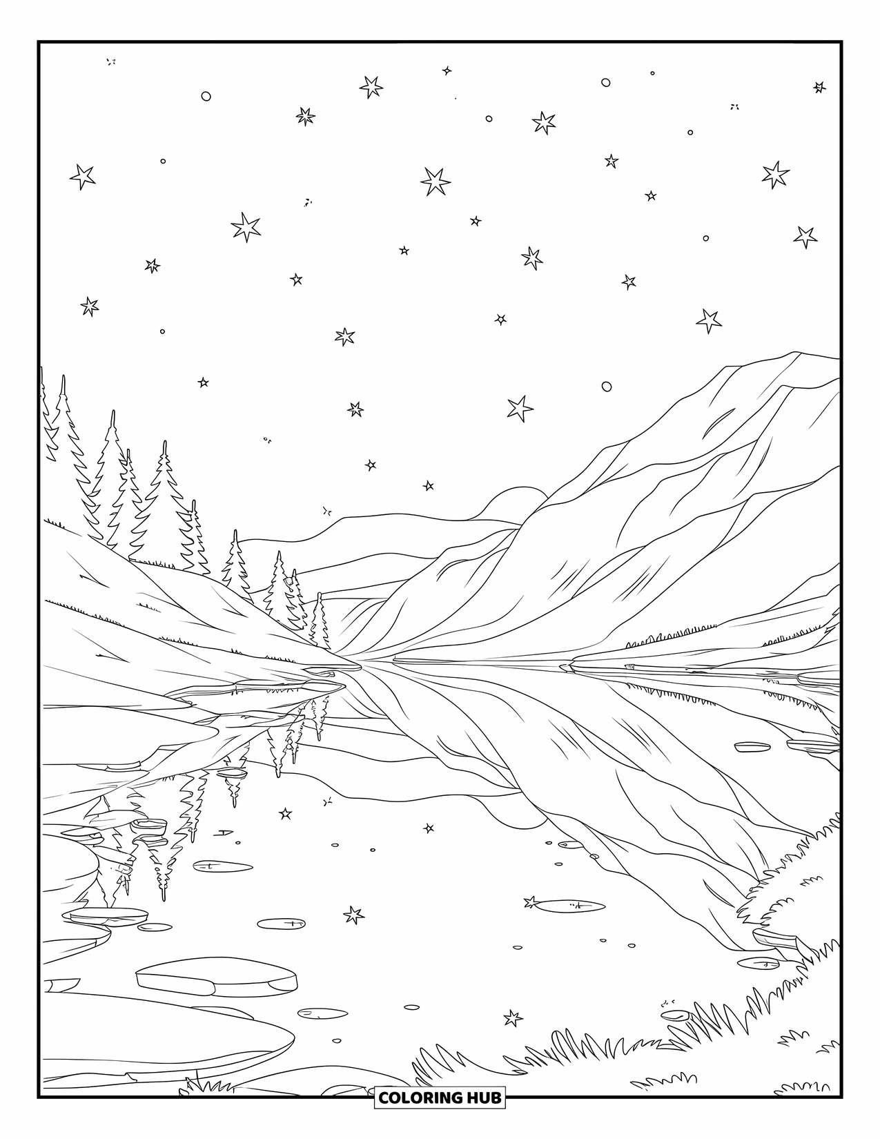 Night Sky Coloring Page for Kids: A calm lake reflects the moon and stars, surrounded by peaceful mountains