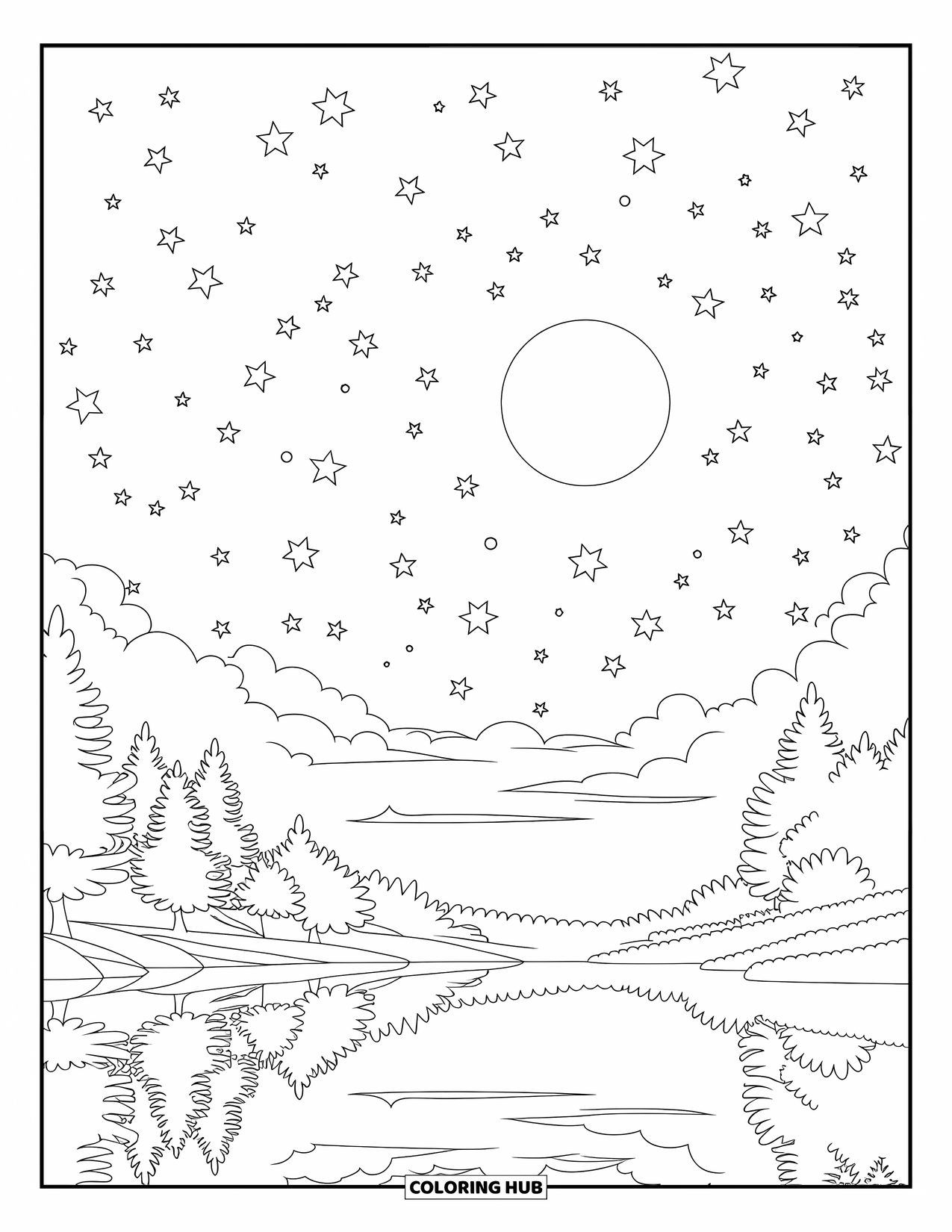 Night Sky Coloring Page for Kids: A calm lake with moonlight reflections, surrounded by trees and peaceful skies