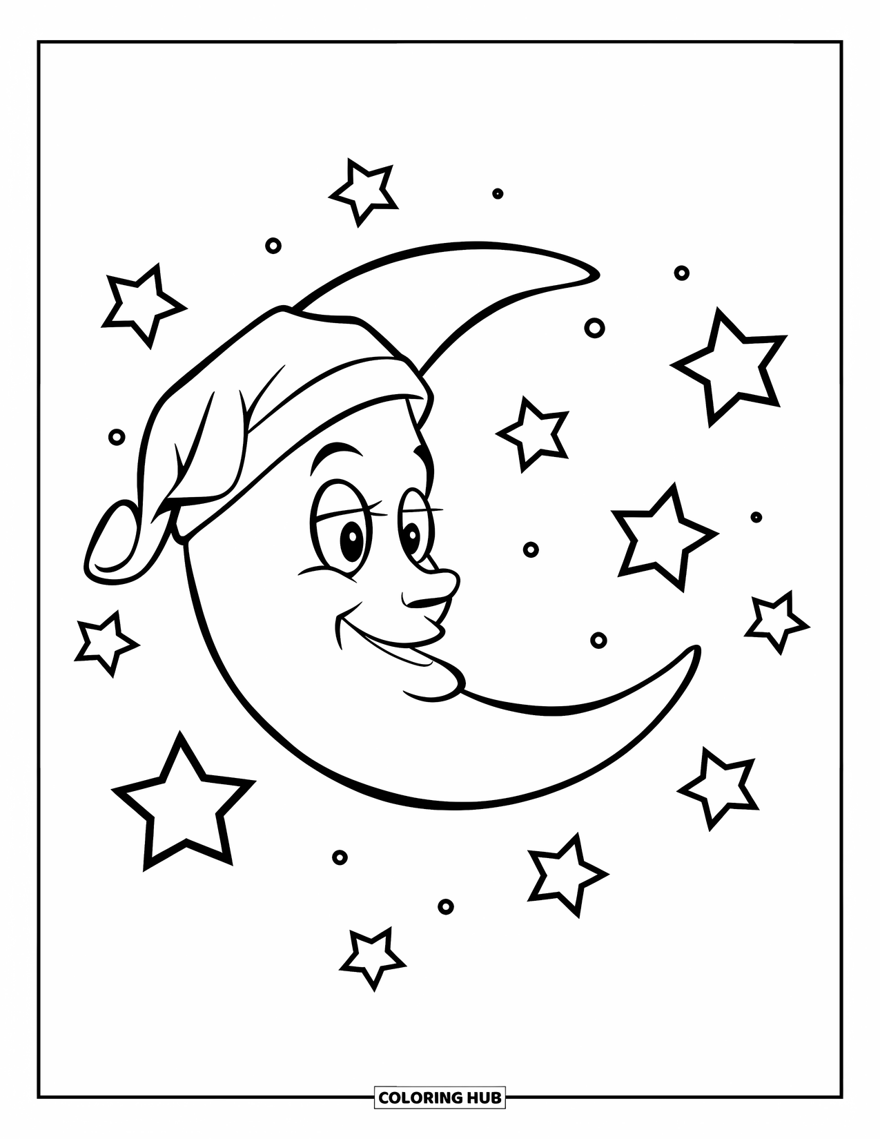 Night Sky Coloring Page for Kids: A crescent moon with a nightcap glows softly with a few scattered stars