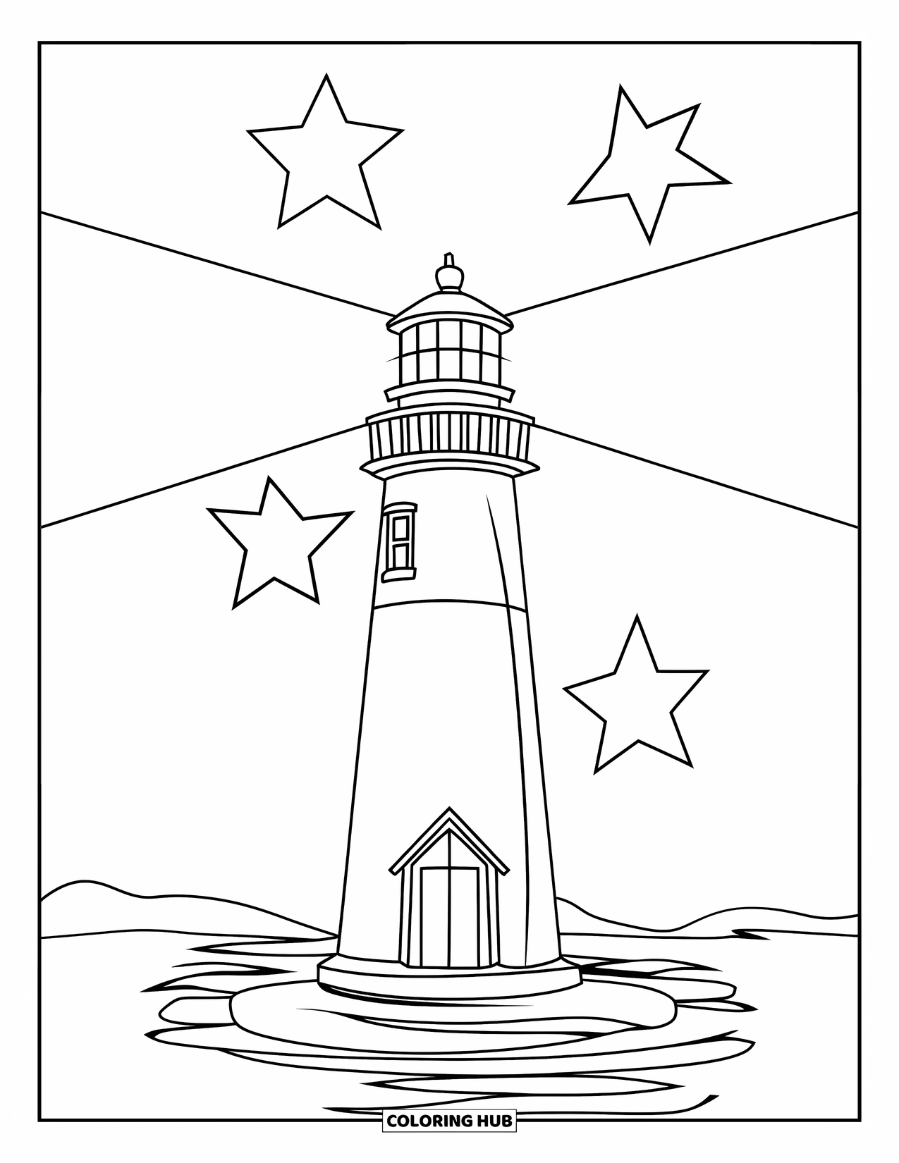 Night Sky Coloring Page for Kids: A glowing lighthouse stands under three large stars beside calm, quiet waters
