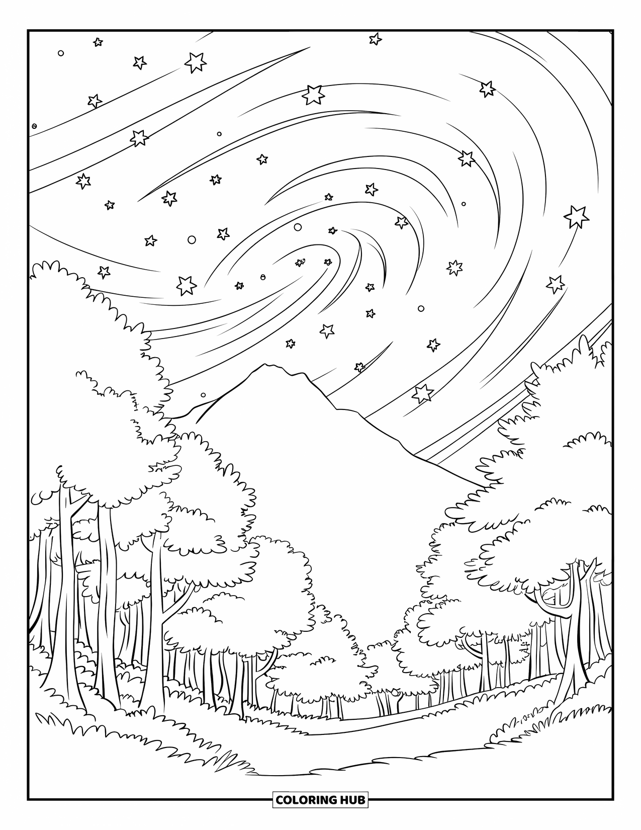 Night Sky Coloring Page for Kids: A peaceful forest with soft grass under a swirling, starlit sky