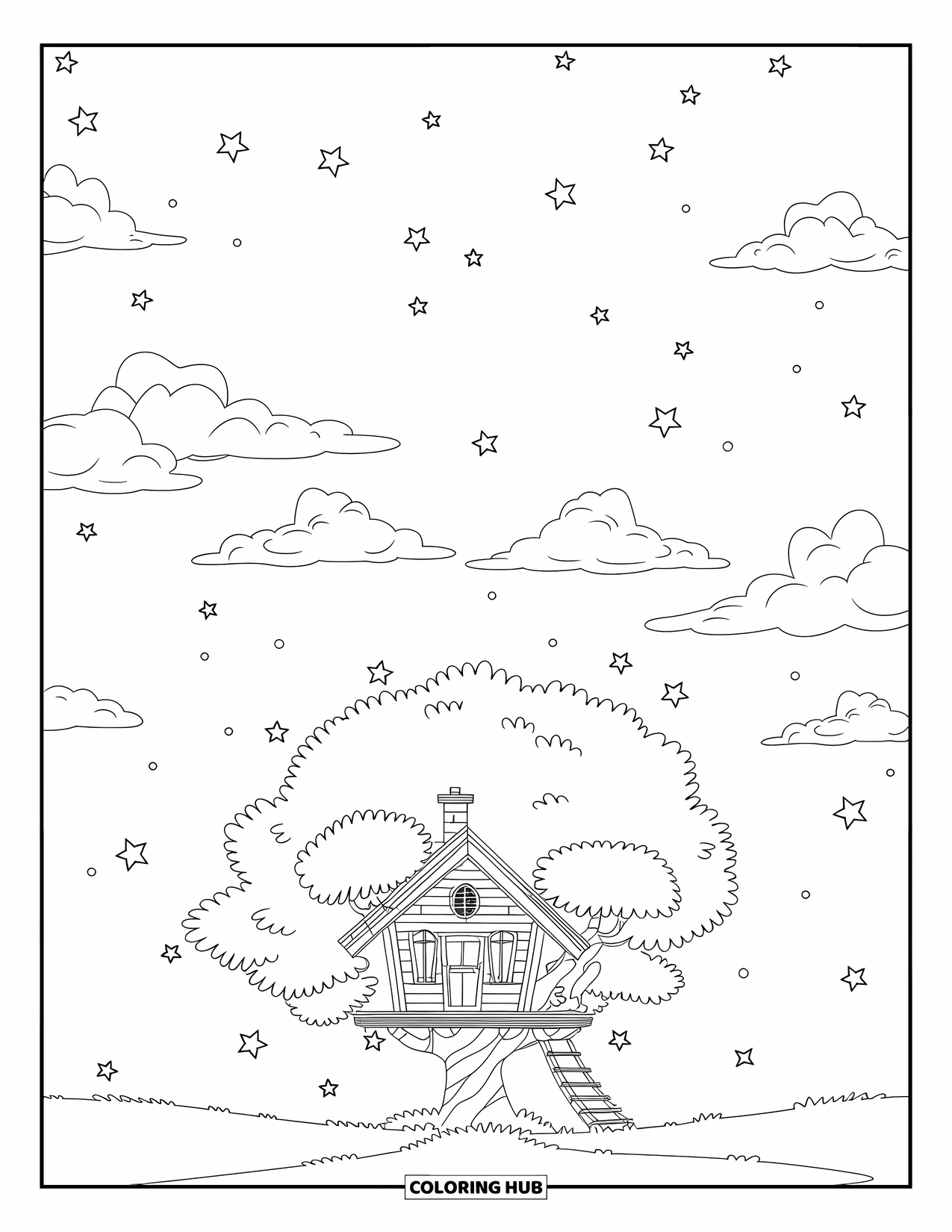 Night Sky Coloring Page for Kids: A peaceful treehouse glows beneath the stars and drifting clouds