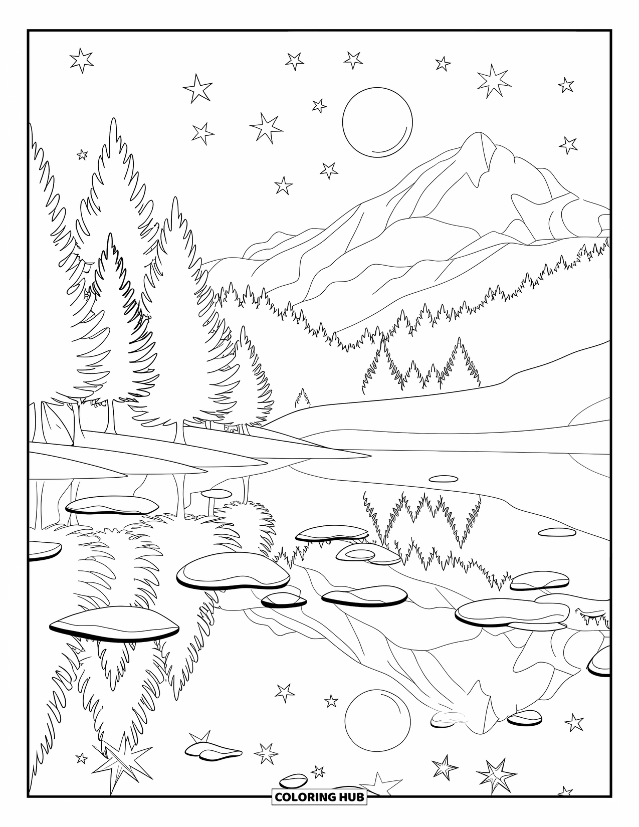 Night Sky Coloring Page for Kids: A quiet lake under the stars, bordered by a forest and distant mountain