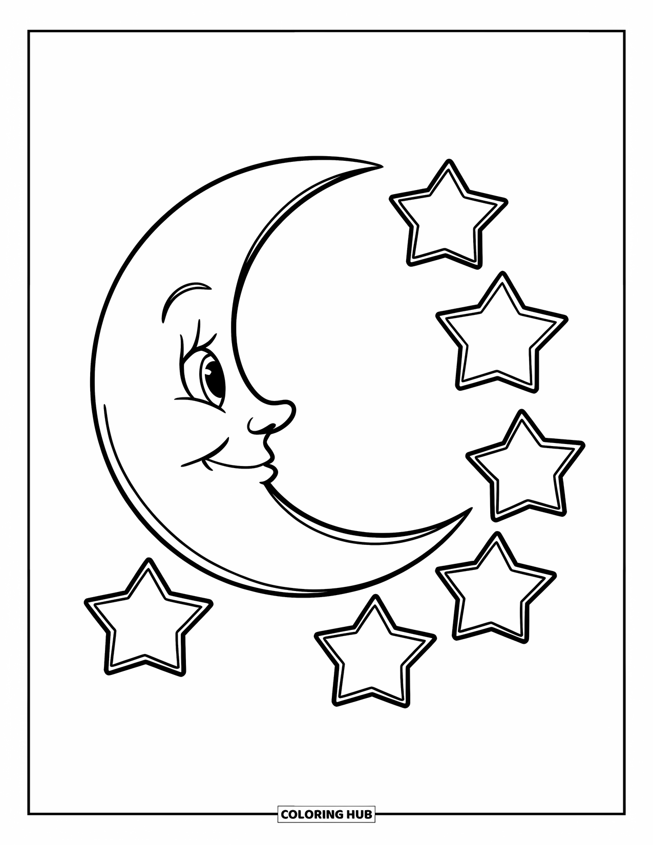 Night Sky Coloring Page for Kids: A smiley crescent moon glows near five twinkling stars in a simple sky