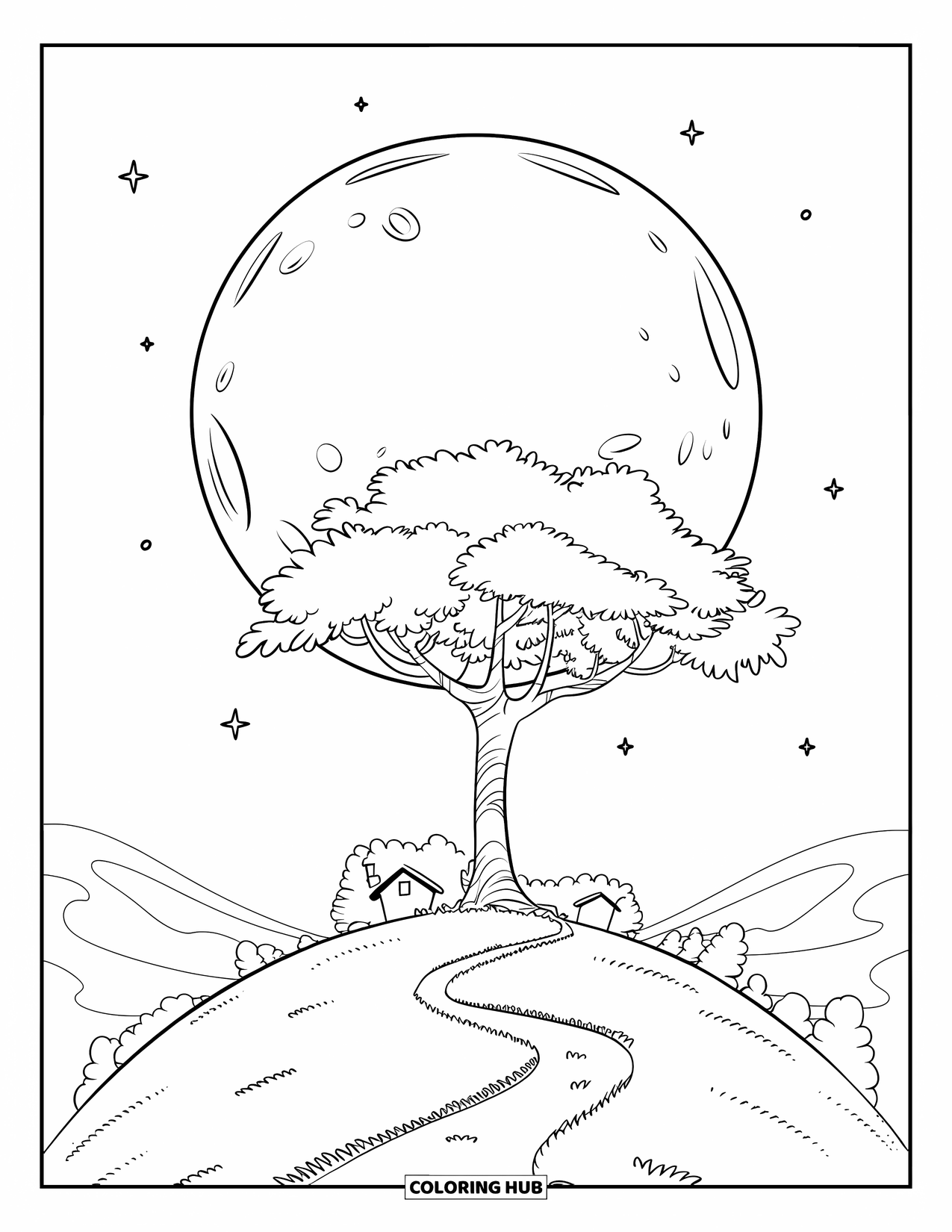 Night Sky Coloring Page for Kids: A smiling moon with craters lights up a tree-topped hill and winding path