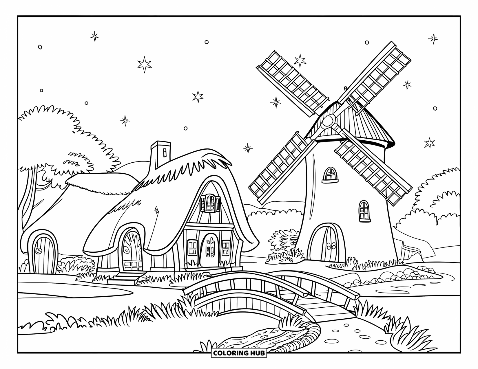 Night Sky Coloring Page for Kids: A stream runs through a village of cottages and stars light the night sky