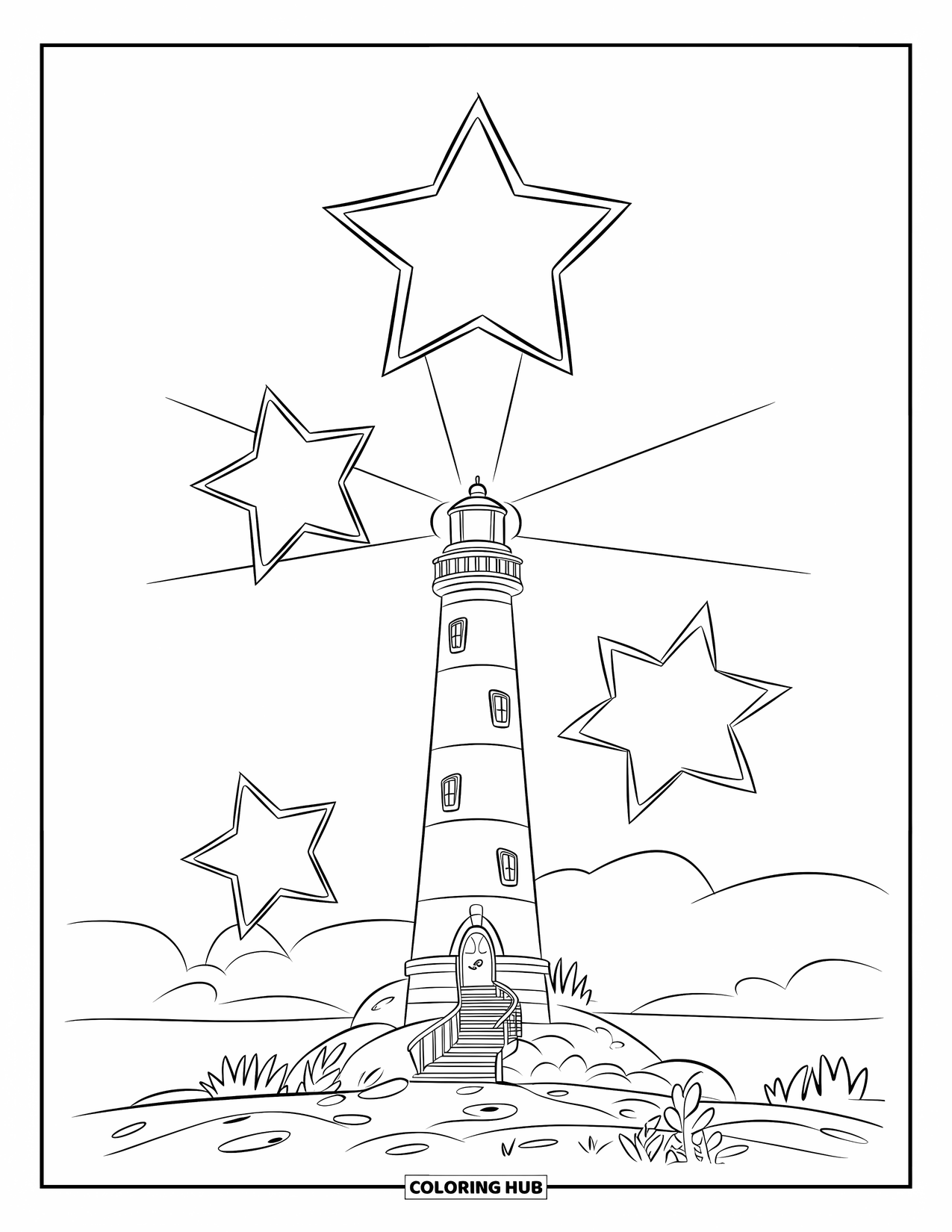 Night Sky Coloring Page for Kids: A tall lighthouse with spiral stairs shines beneath stars and soft clouds