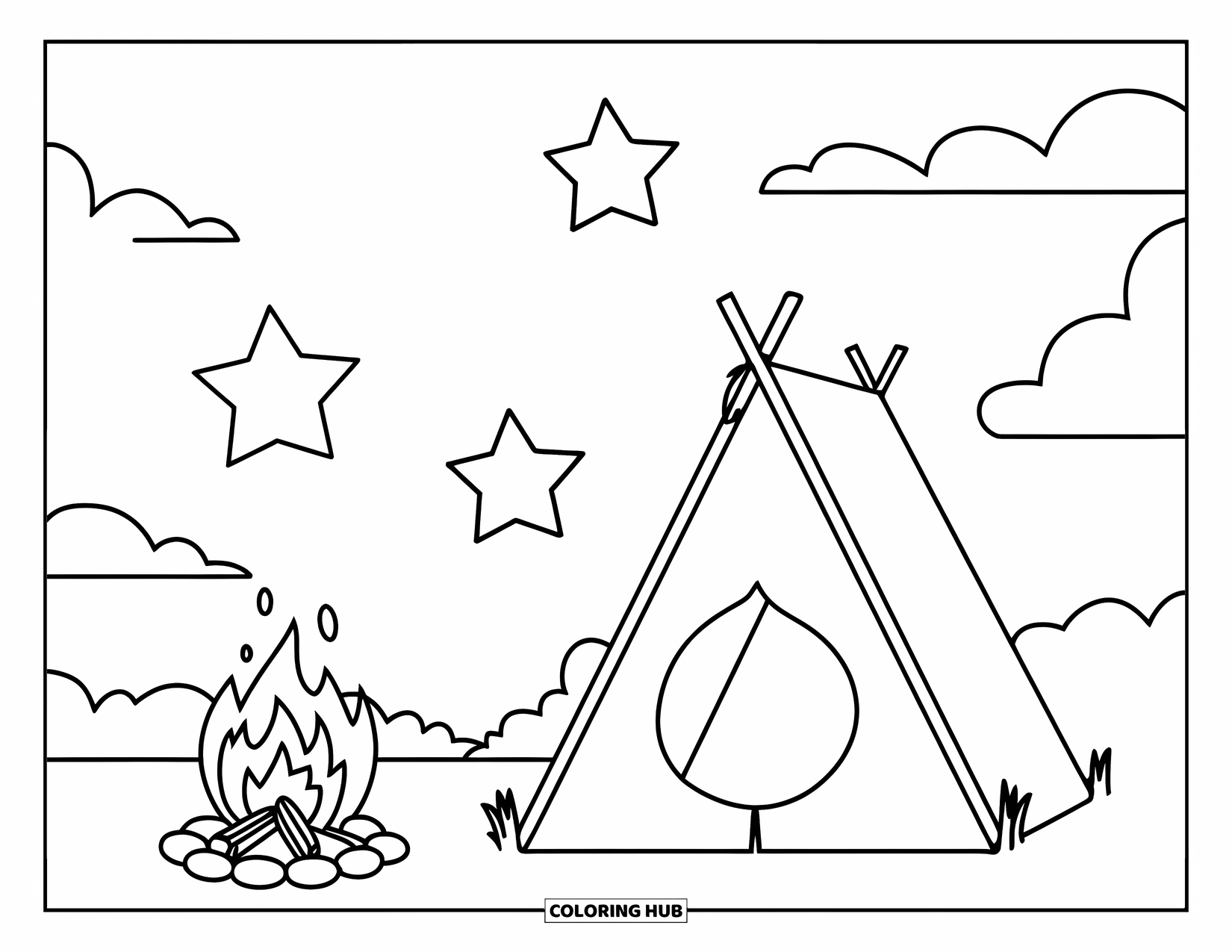 Night Sky Coloring Page for Kids: A tent and campfire sit cozily beneath three cheerful stars and soft clouds