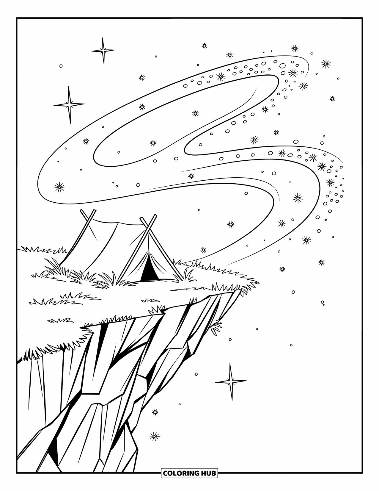Night Sky Coloring Page for Kids: A tiny tent rests on a cliff with stars and stardust swirling above