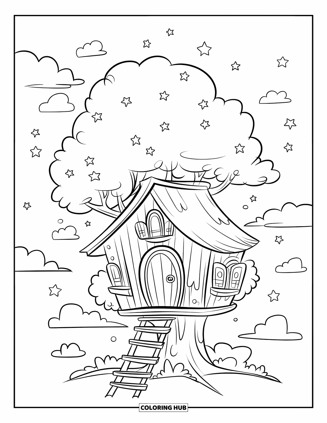Night Sky Coloring Page for Kids: Floating clouds and twinkling stars surround a treehouse with a wooden ladder