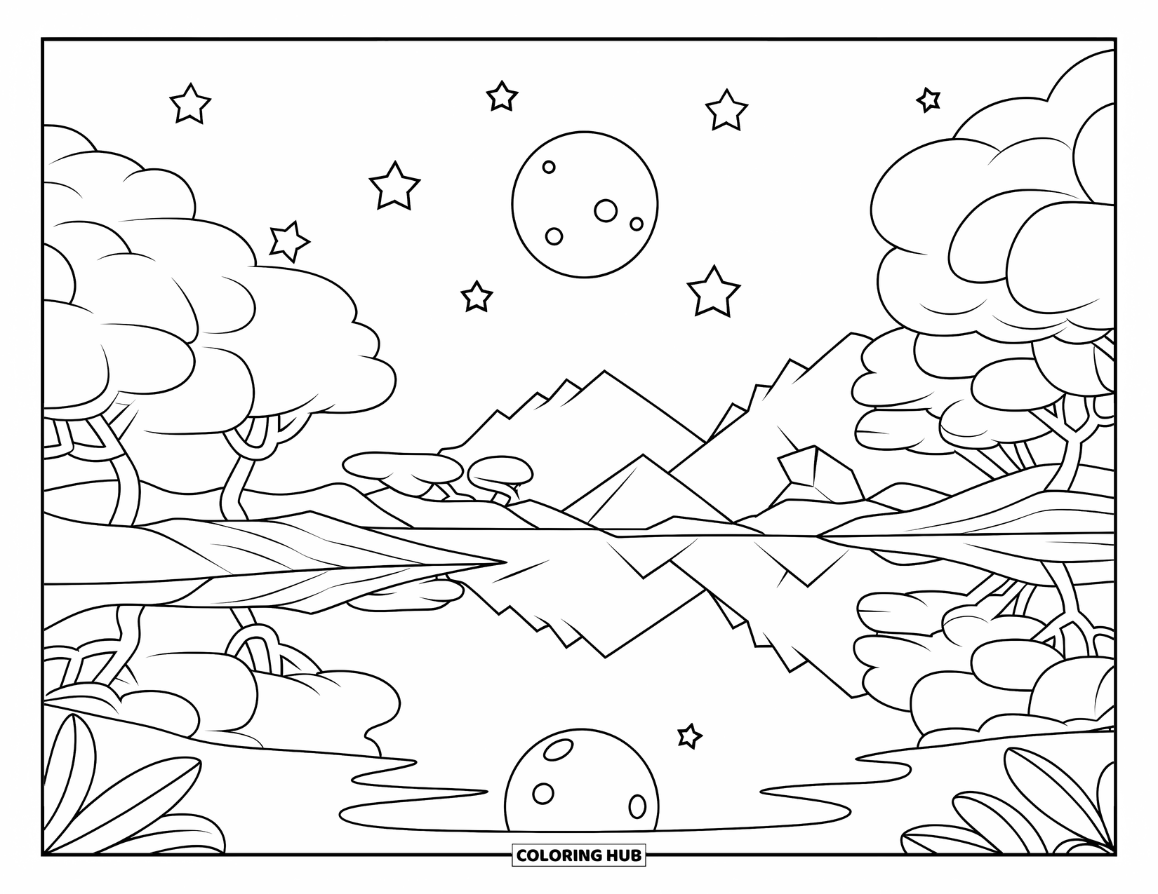 Night Sky Coloring Page for Kids: Smooth lake waters reflect the night sky, mountains, and a few twinkling stars