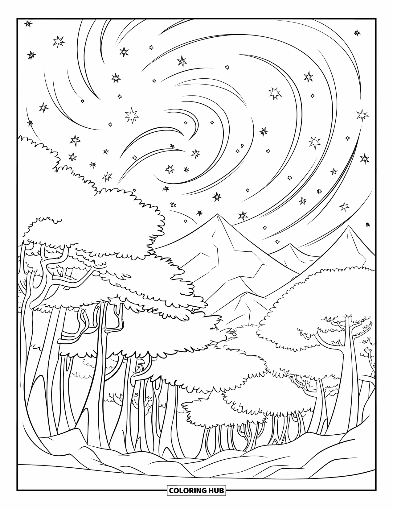 Night Sky Coloring Page for Kids: Swirling stars light up a quiet forest covered in gentle fog