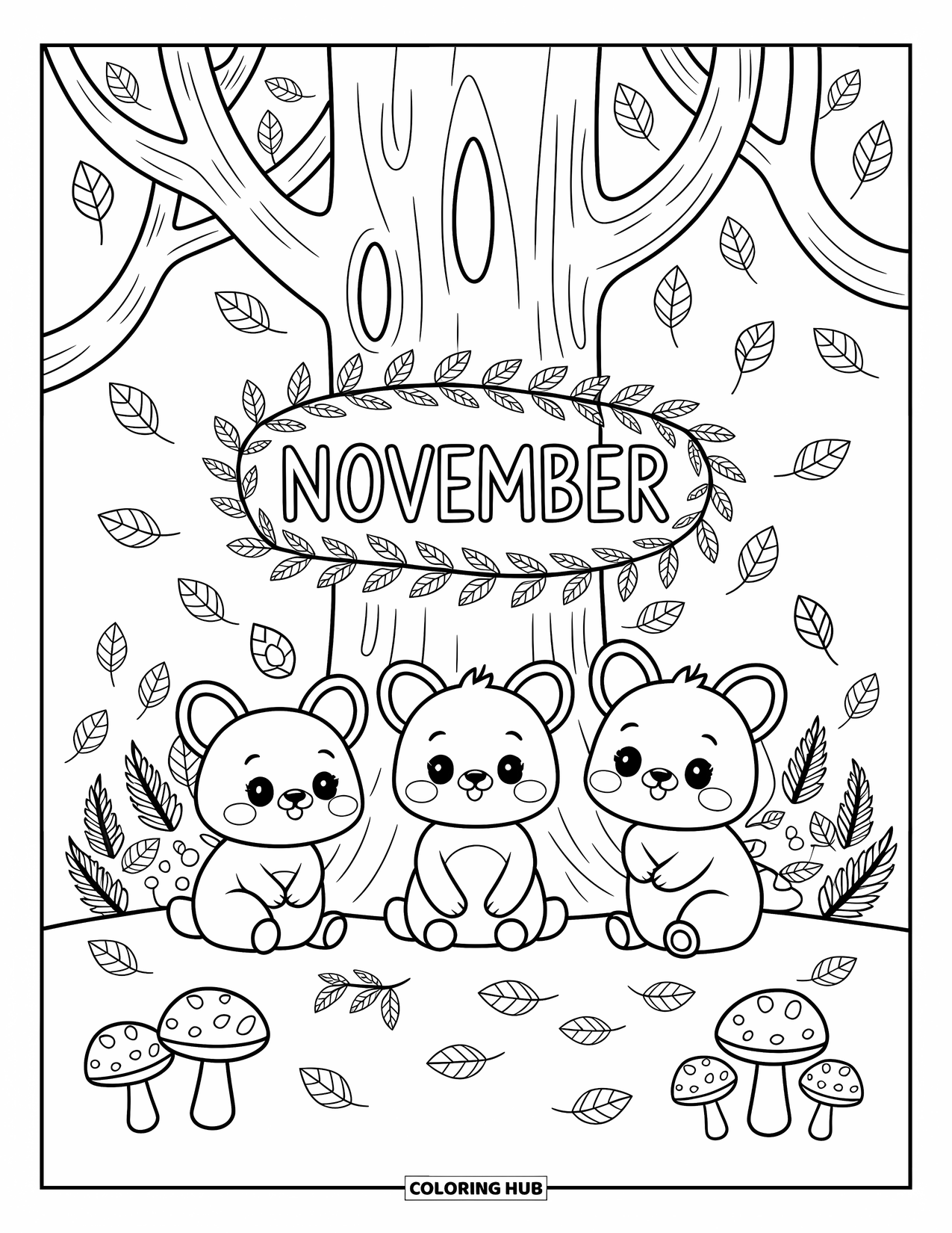 November Coloring Page for Adults: A carved tree trunk reading November sits among forest animals and mushrooms