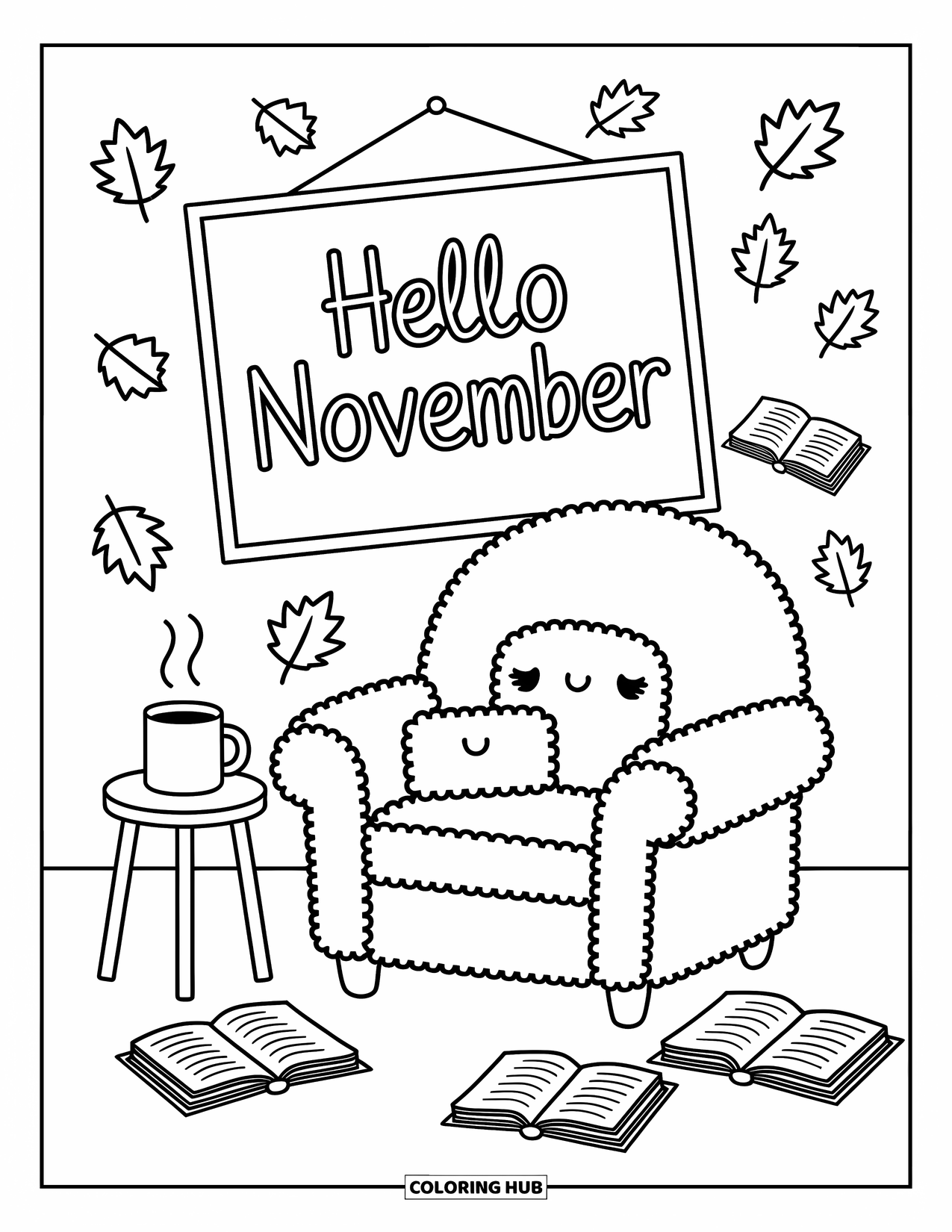 November Coloring Page for Adults: A comfy armchair with a mug and poster welcomes Hello November