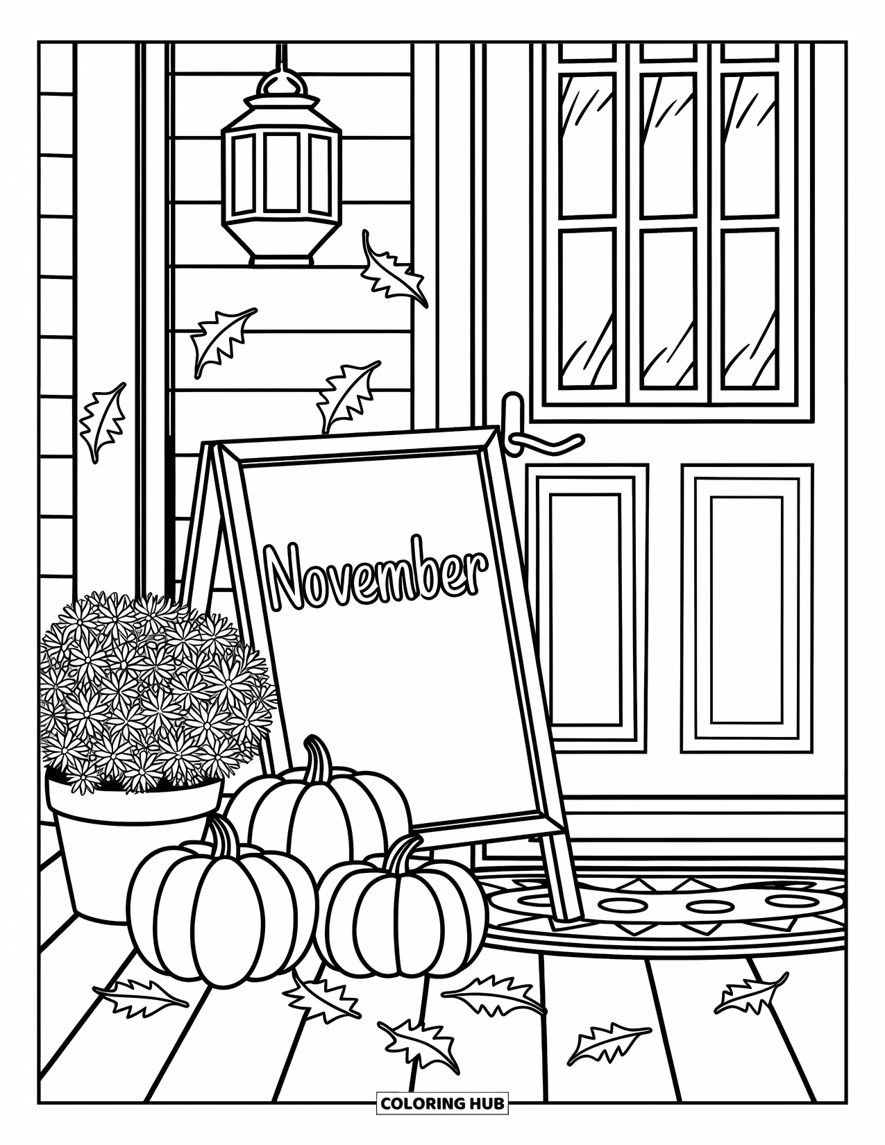 November Coloring Page for Adults: A front porch with mums, pumpkins, and a chalkboard that says November