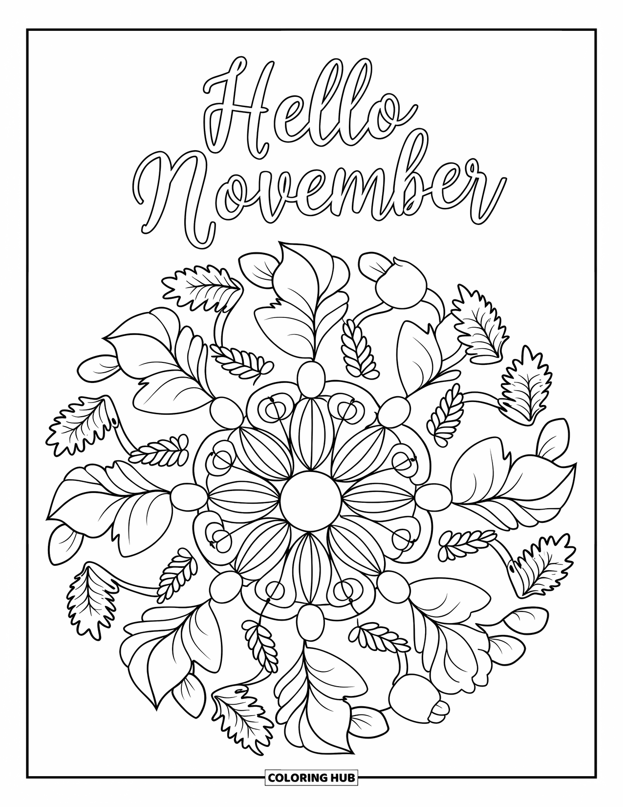 November Coloring Page for Adults: A full-page mandala of acorns and berries features Hello November at the top